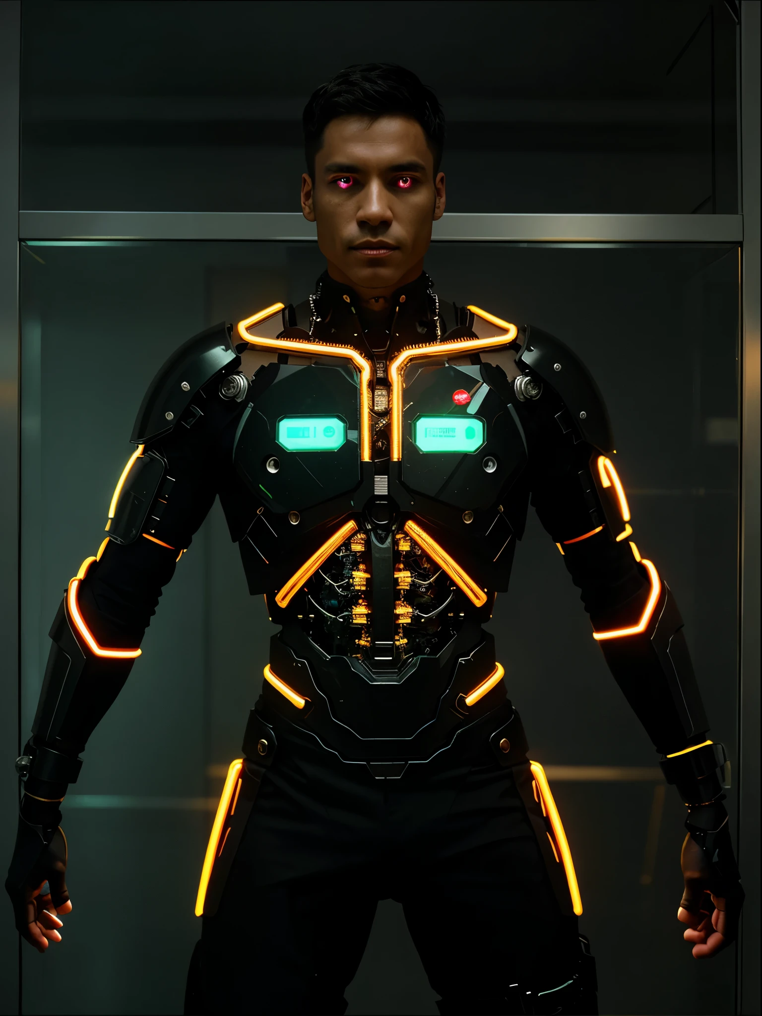 A handsome man Cyborg,with his Rib Cage made of only glass. Neon cables and gears inside the glass body