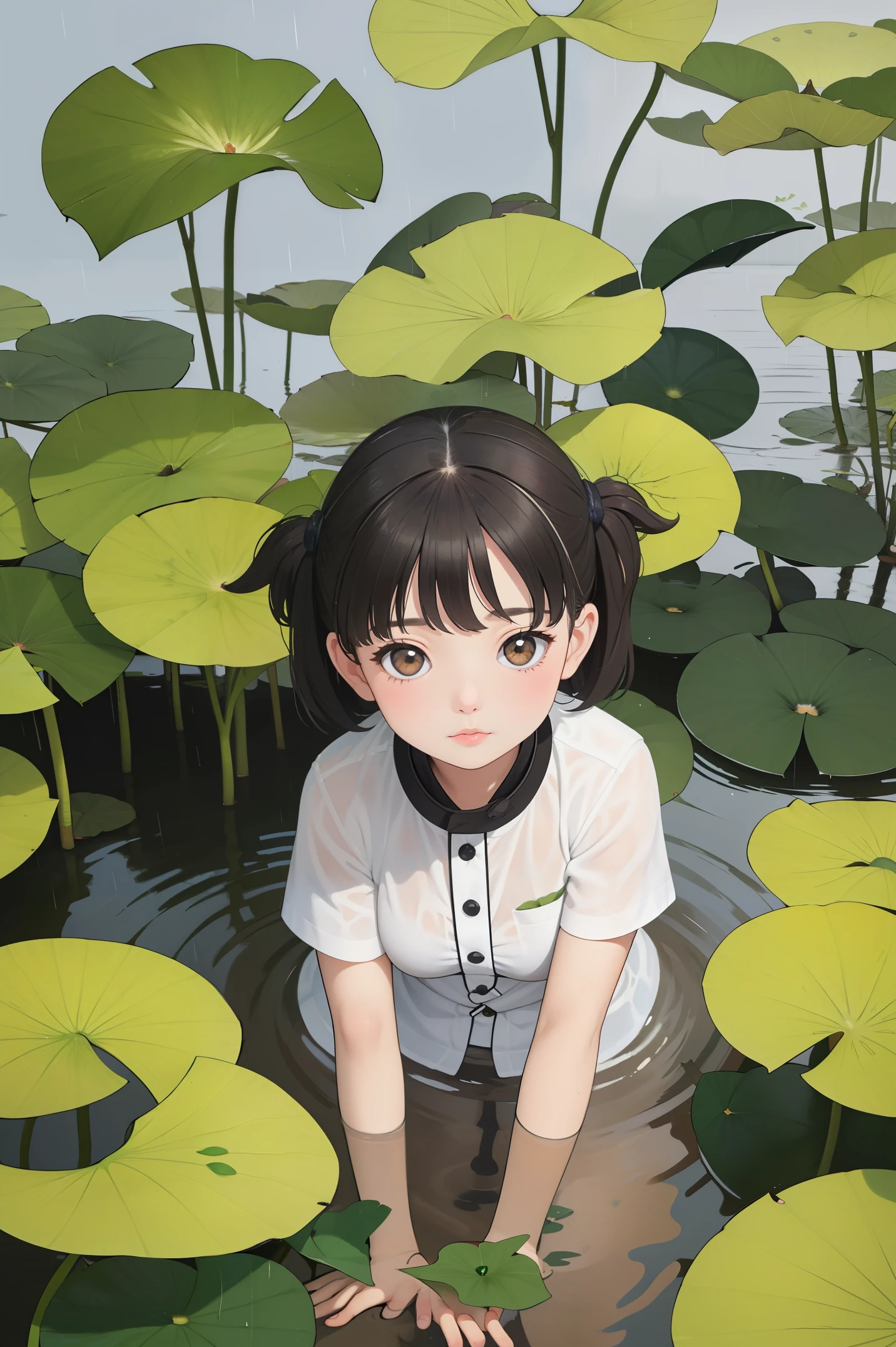 A cute round-eyed Scottish fold cat,Hand holding lotus leaf petiole,Take shelter from the rain in the lotus pond。This painting will be in a realistic style,to reflect the rainy scene。