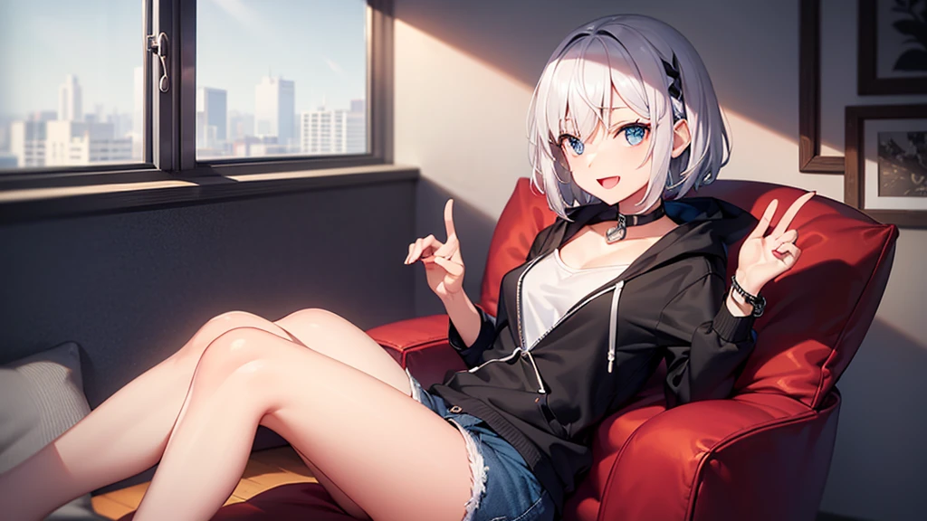 (masutepiece: 1.2, Best Quality), 1 Lady, Solo, silber hair,Shoulder out,Very short hair, long bangs between eyes, blue eyess,Black eyes, Hoodie,White hair, Silver hair, Hoodie, White hoodie、inside in room、sit a chair、A smile、open open mouth、5 fingers