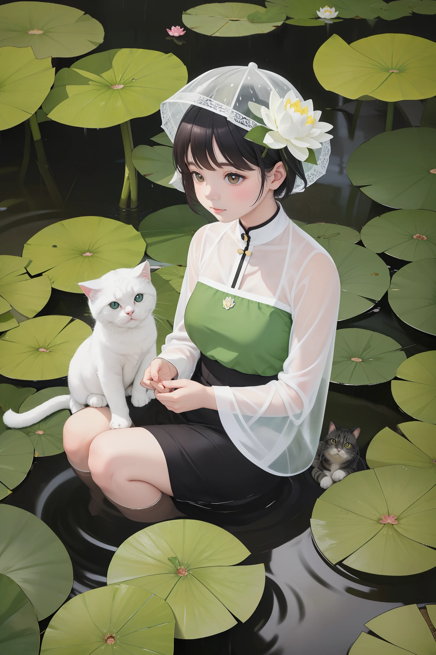 A cute round-eyed Scottish fold cat,Hand holding lotus leaf petiole,Take shelter from the rain in the lotus pond。This painting will be in a realistic style,to reflect the rainy scene。
