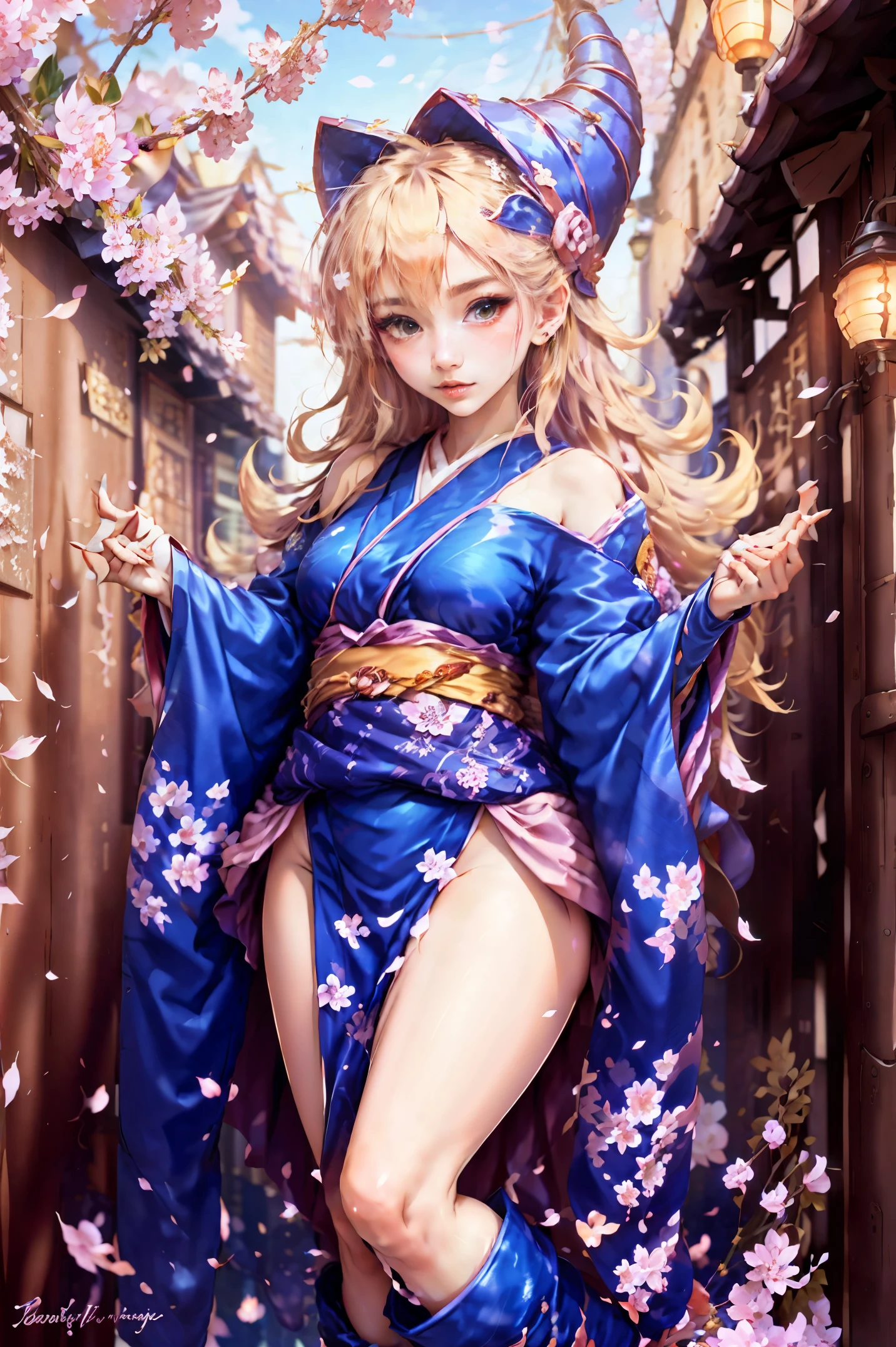 cuerpo completo,Plan completo,SFW,The Russian goddess princess in the image of a geisha with big bright blue eyes and long fluffy eyelashes of the Nordic type with a perfect graceful figure and very long fluffy wavy hair of bright wheat color is in full growth in the alley against the background of Japanese pink sakura blooming in bright navy blue kimono color and Japanese shoes turn bright navy blue color, The girl's lace kimono is intricately patterned with ultra-short frank cutouts...., Small breasts with protrusion are visible through the fabric and on the girl's ears there are beautiful earrings with precious navy blue sapphires that shine and shine in the light.... The soil on which the girl is located is strewn with cherry blossoms...., The scene is highly artistic, High resolution, foco nítido, Migjorni-V5 artistic style, hiperfotorrealismo, proporciones perfectas, Photo of the golden ratio, Bengala, contorno, luz del sol, brillo suave, enfoque suave, Photo-style smooth focus through a Monocle lens.