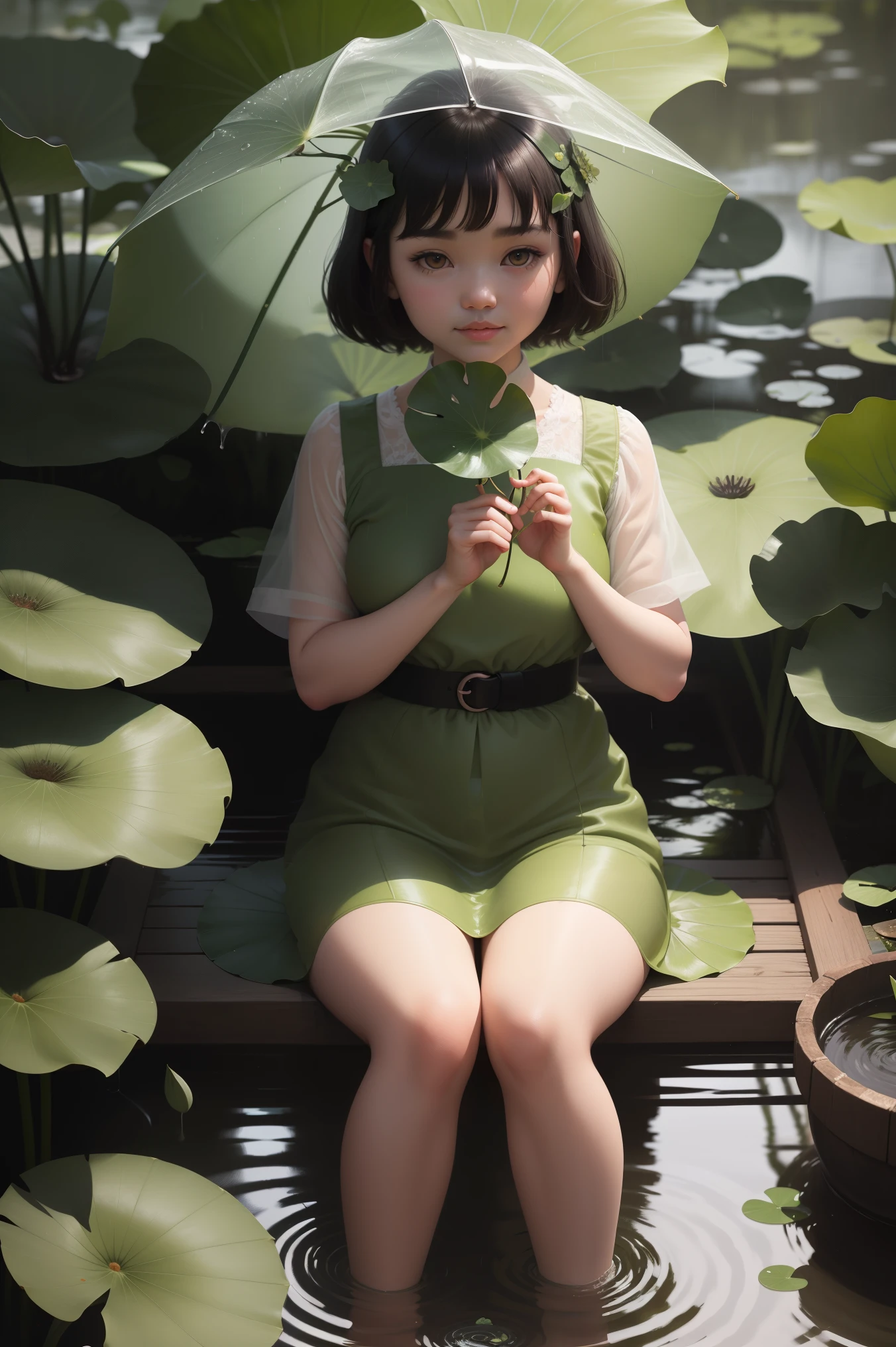 A cute round-eyed Scottish fold cat,Hand holding lotus leaf petiole,Take shelter from the rain in the lotus pond。This painting will be in a realistic style,to reflect the rainy scene。