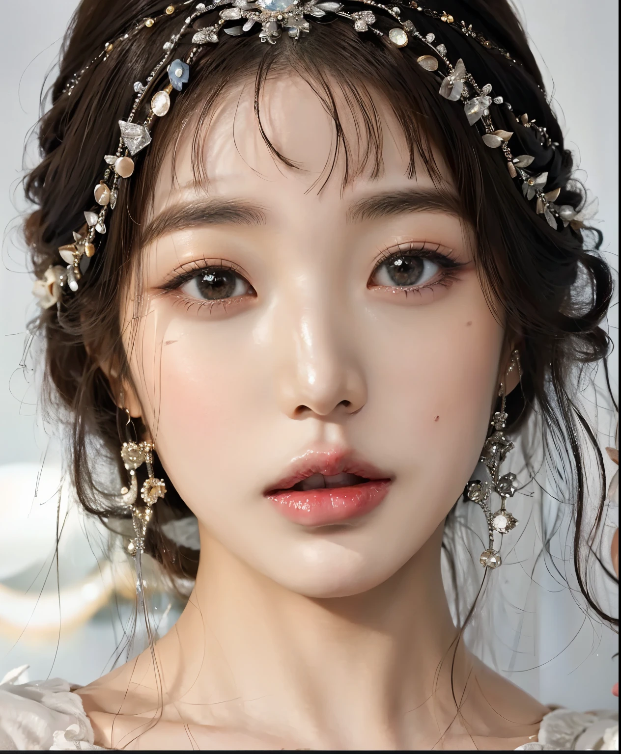 una mujer con una diadema de perlas y aretes en la cabeza, Beautiful aesthetic face, Hermosa joven coreana, porcelain pale skin, Hermosa mujer surcoreana, pale porcelain white skin, Hermosa joven coreana, Joven y adorable rostro coreano, maquillaje popular de Corea del Sur, Cara delicada y encantadora, Jinyoung Shin, pale snow white skin, ivory pale skin, hermoso rostro delicado, beautiful pale makeup