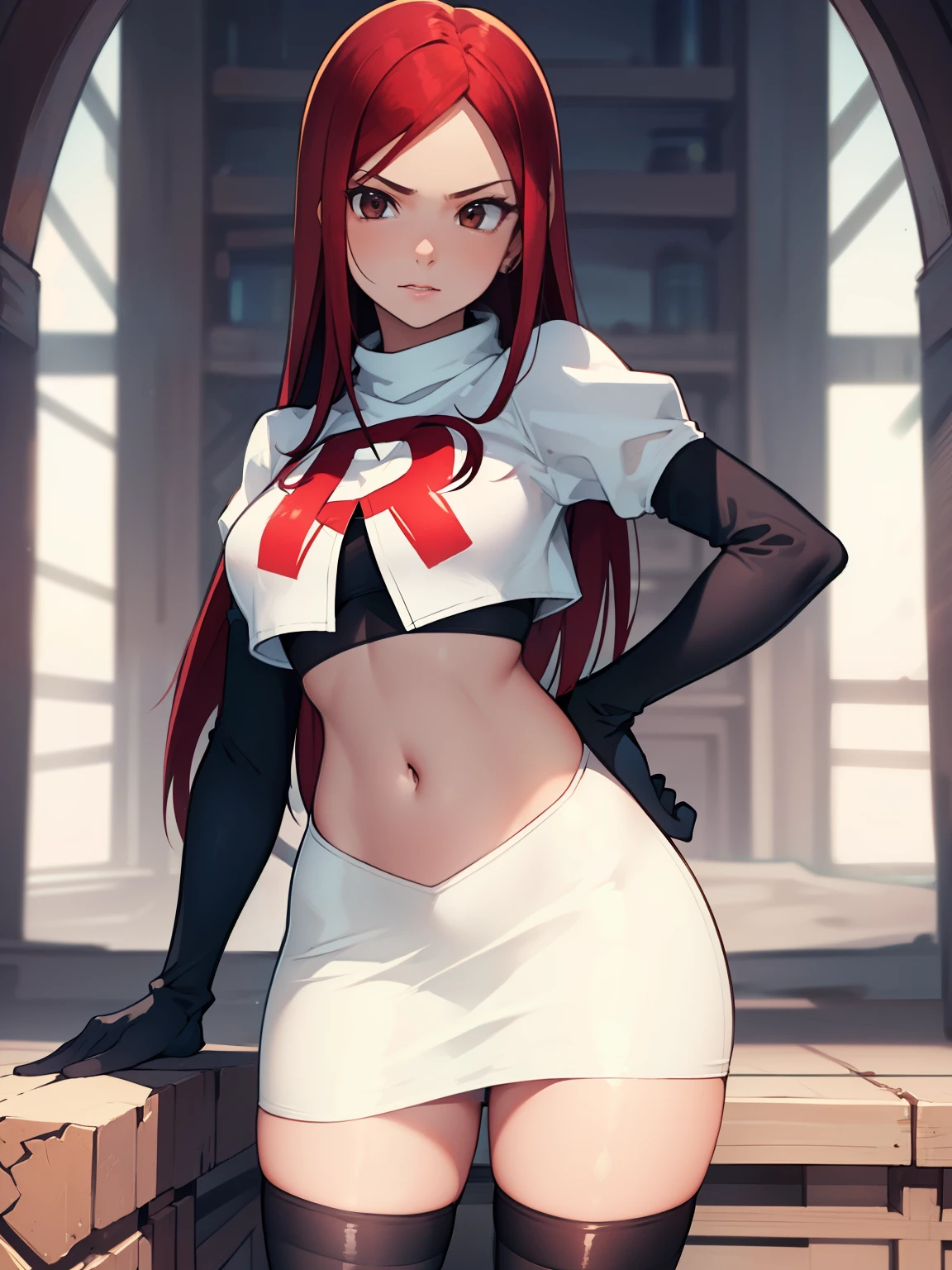 Erza Scarlet, long hair,red hair, brown eyes, ,team rocket uniform, red letter R, white skirt,white crop top,black thigh-high boots, black elbow gloves, looking at viewer, cowboy shot,