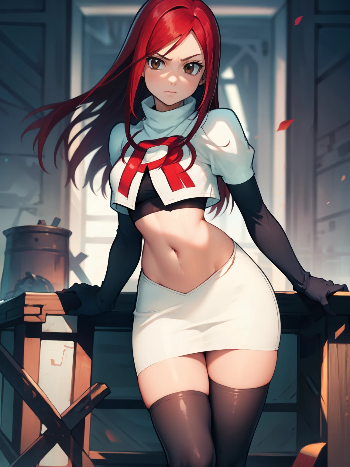 Erza Scarlet, long hair,red hair, brown eyes, ,team rocket uniform, red letter R, white skirt,white crop top,black thigh-high boots, black elbow gloves, looking at viewer, cowboy shot,