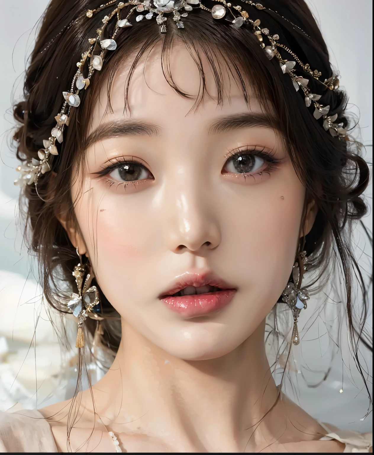 una mujer con una diadema de perlas y aretes en la cabeza, Beautiful aesthetic face, Hermosa joven coreana, porcelain pale skin, Hermosa mujer surcoreana, pale porcelain white skin, Hermosa joven coreana, Joven y adorable rostro coreano, maquillaje popular de Corea del Sur, Cara delicada y encantadora, Jinyoung Shin, pale snow white skin, ivory pale skin, hermoso rostro delicado, beautiful pale makeup