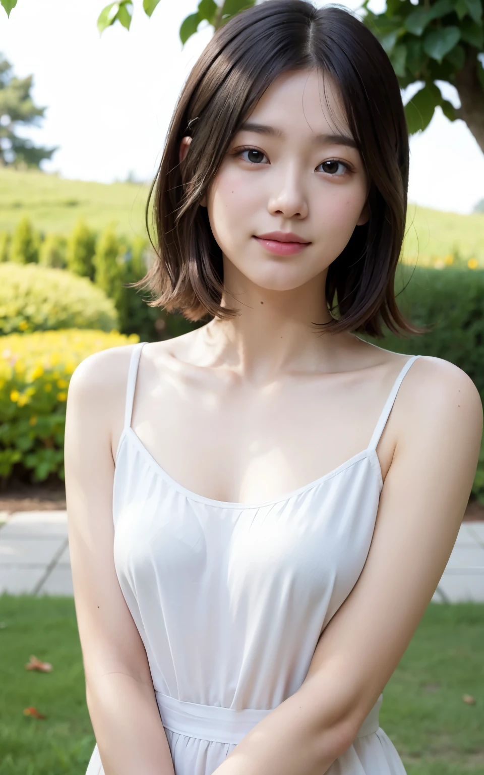 masutepiece, Best Quality, 8K, 22 yo, Raw photo, Smile, Solo, Cute, Idol face,  Delicate girl, Neat and clean beauty, Upper body, Digital SLR, Looking away, Candid, Sophisticated, Professional Lighting, Film grain, (Eyes and faces with detailed:1.0), Straight, Medium length hair swaying in the wind, bangor:1.1)