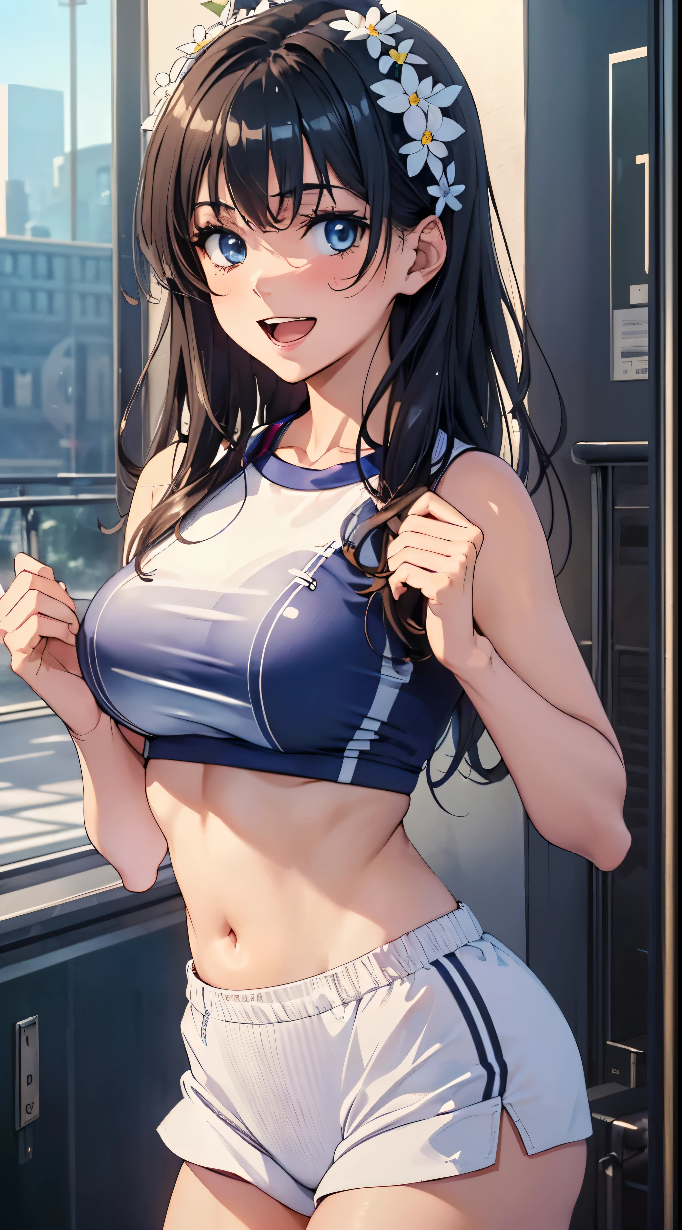 1womanl,Black hair,14years ,(()),Beautiful breasts,(((Sexy white and blue shiny gym clothes and shorts)))(())(((Blushing cheeks、Smile with open mouth)),(((Satin Narico))),((( portlate))),Crowds,Shiny white and blue gym clothes and shorts,