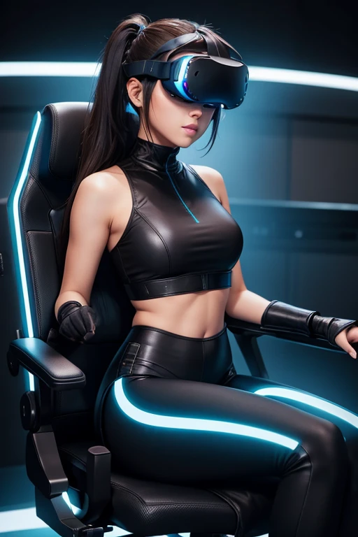 High Resolution, Female, Long Dark Brown Hair, Pony Tail, Bangs, Blue Eyes, Light Skin, Black Tang Top, Black Leggings, Futuristic VR Goggles, Gaming Chair