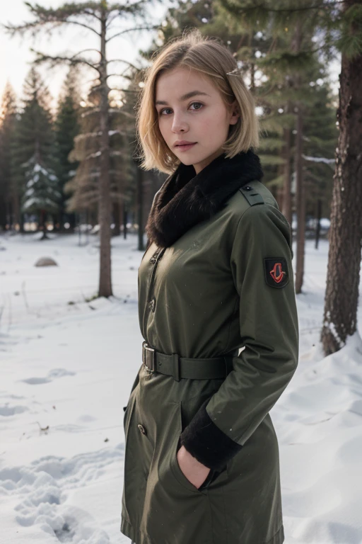 1young girl, blonde short hair, world war 2 finnish uniform, winter forest