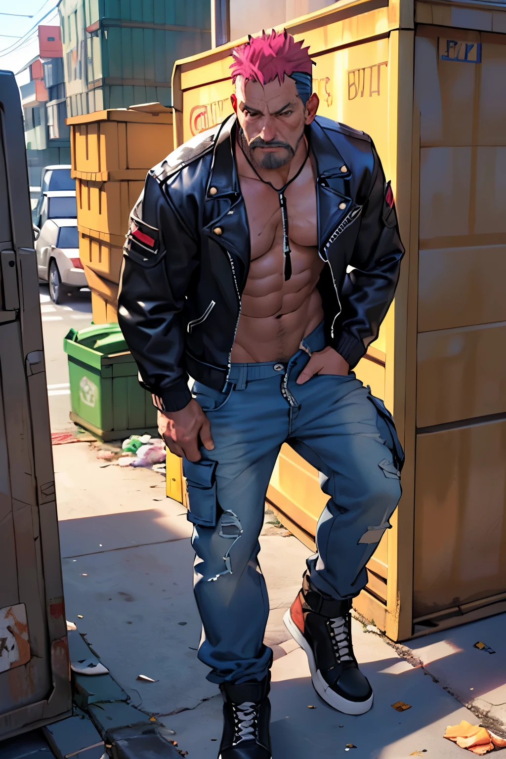 (male) (spider-punk) (poor) (dirty clothes) (bare chest) (stinks) (unzipped cargo pants) (45 years old) (at dumpster) (starving) (muscular) (piss in pants, visible) (leather jacket) ((poor)) ((lives in dumpster)) ((starving as hell)) (((survives as hobo)))