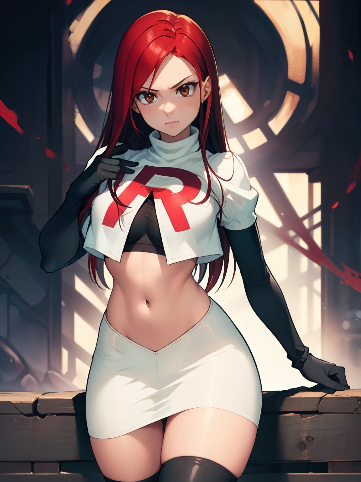 Erza Scarlet, long hair,red hair, brown eyes, ,team rocket uniform, red letter R, white skirt,white crop top,black thigh-high boots, black elbow gloves, looking at viewer, cowboy shot,