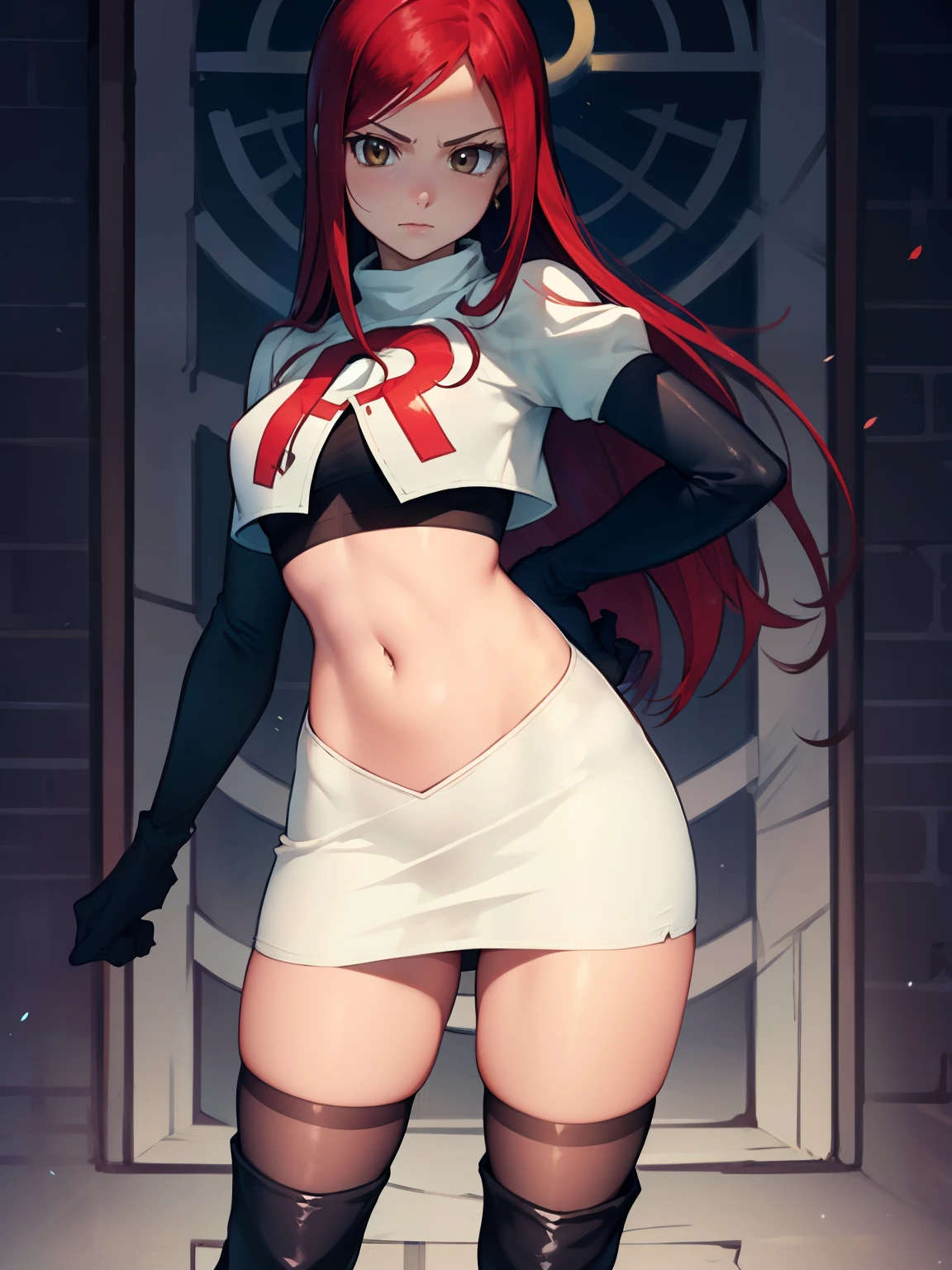 Erza Scarlet, long hair,red hair, brown eyes, ,team rocket uniform, red letter R, white skirt,white crop top,black thigh-high boots, black elbow gloves, looking at viewer, cowboy shot,