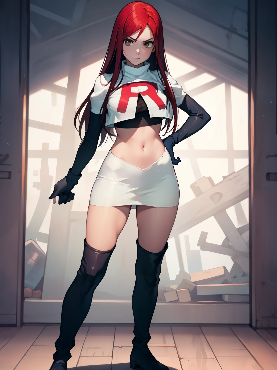 Erza Scarlet, long hair,red hair, brown eyes, ,team rocket uniform, red letter R, white skirt,white crop top,black thigh-high boots, black elbow gloves, looking at viewer, cowboy shot,