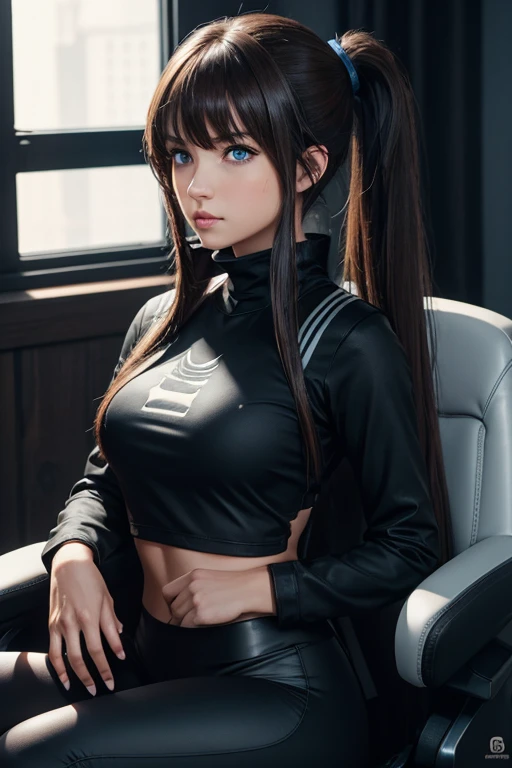 High Resolution, Female, Long Dark Brown Hair, Pony Tail, Bangs, Blue Eyes, Light Skin, Black Tang Top, Black Leggings, Gaming Chair, Fantasy Game