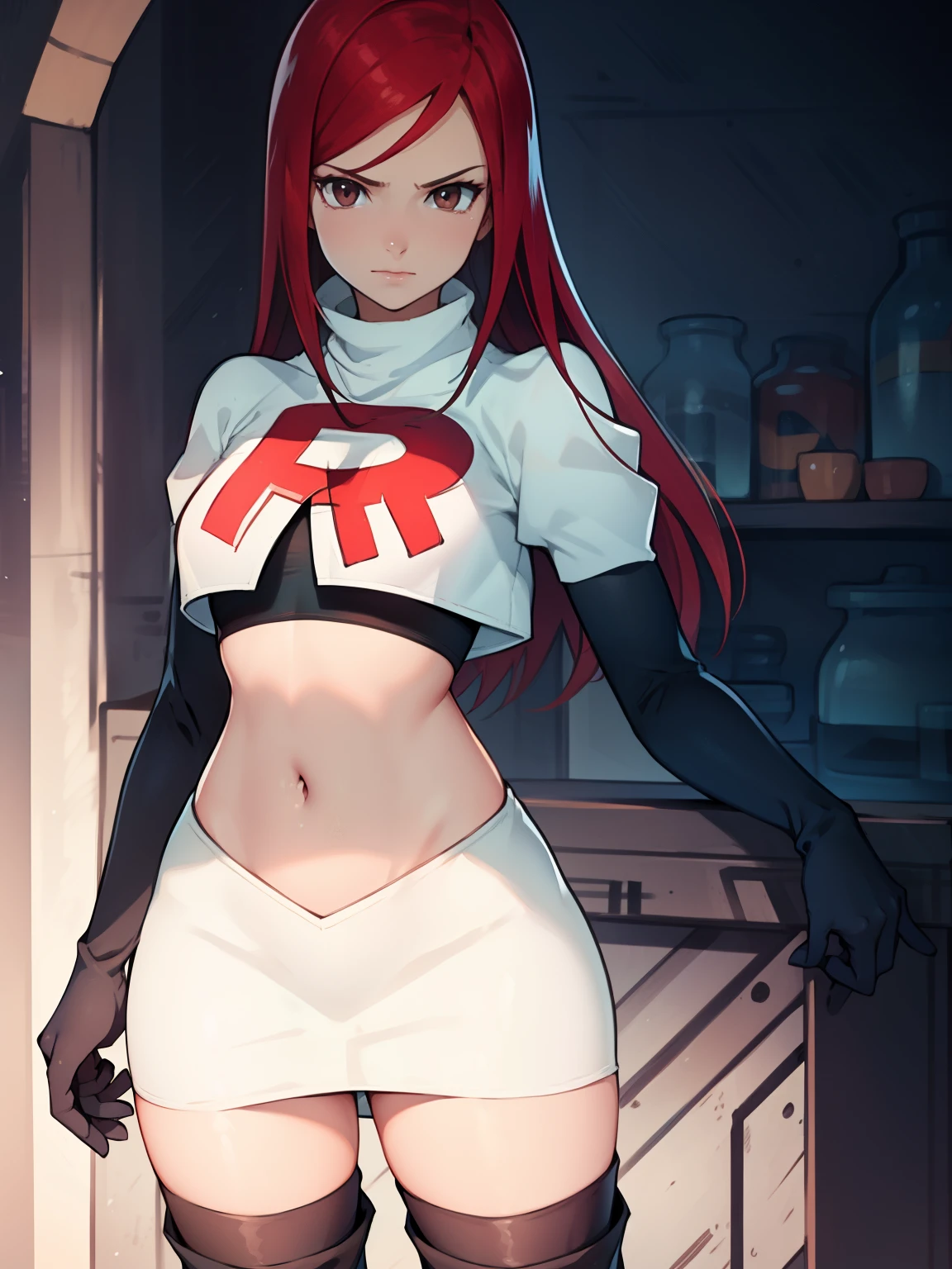 Erza Scarlet, long hair,red hair, brown eyes, ,team rocket uniform, red letter R, white skirt,white crop top,black thigh-high boots, black elbow gloves, looking at viewer, cowboy shot,