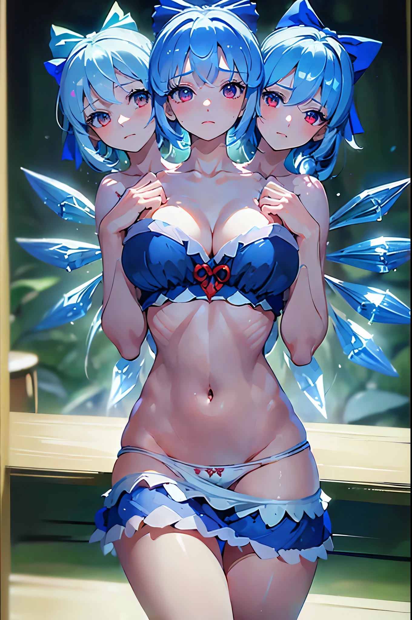 (masterpiece, best quality),best quality, (ultra-detailed), (3heads:1.4), 1girl, (cirno:1.3), masterpiece, best quality, light blue top, crop top, ((stomach)), midriff, ((groin)), blue skirt, normal ears, shackles, light blue hair, very long hair, wavy hair, sidelocks, red eyes, parted lips, single horn, sweat, cute, toned belly, hand on own chest, eyelashes, (22 year old woman:1.3), (masterpiece:1.4), (best quality:1.4), (beautiful detailed, extremely detailed CG, extremely delicate and beautiful, depth of field, (finely detailed face), (perfect details:1.0), (mature female:1.3), wide pelvis, slender, large veiny breast, 8k resolution, high quality, high definition, extremely detailed, masterpiece, best quality, blue hair, long hair, alluring presence, braid, short skirt, close up, big tits, young, ice wings, blue bow,