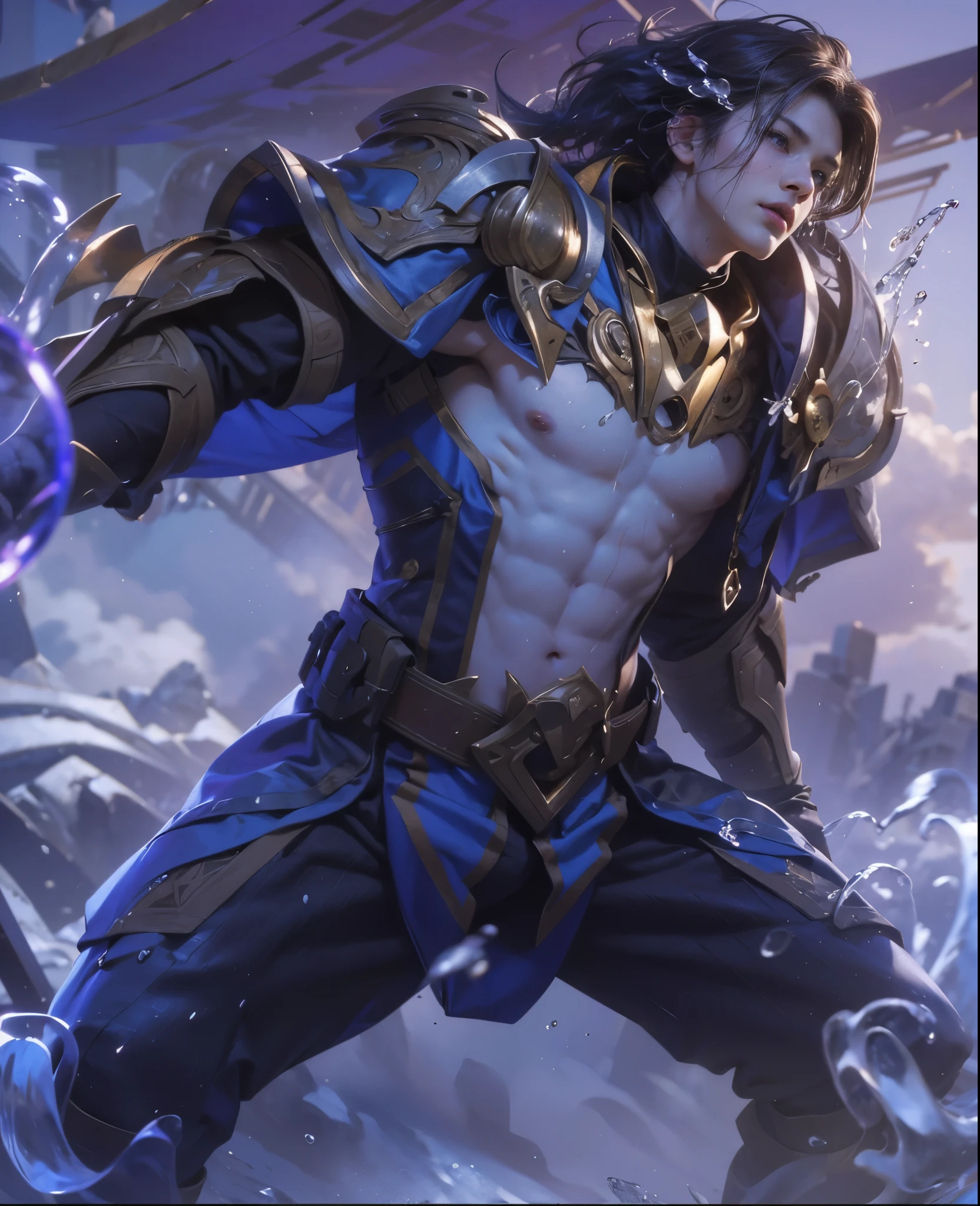 (max resolution: 1.2), (Ultra HDTV: 1.2), 8K resolution, Eye and skin details, face details, , (Sharp focus: 1, 2), (Precise focuacial expressions: 1,2), 1 boy, Various poses, Red face,I have green eyes, (shy), 20-25 years old, (Short Hair Milky blue hair), (Naked), Shirtless, Perfect muscles, 8 packs , (light sweat, white fluid, splashing all over the body), (Black brieflue sky, Trees, Implants, ((Little drops of water on 8-pack abs)), (((water, water ))), splashed all over my face, splashed all over my abs, splashed all over my body, my face turned red with embarrassment. ((There a faint word Ngyune in the corner of the photo)),Blue sky, white clouds, light sunshine, beach background, (with hair), showing off hair, Wearing underwear, straight (detail), ((super detail photo )))), leaking, Object standing straight and erect, white fluid splashing all over the body, body drenched in white, erect (large erect ), details, head details and shaft details,Handsome face,The under the military (black striped) erect,The leaking,( details) details of the head and body of the, under pants erect, erect,( details), details, Brown shorts, bold print in the middle of the shorts,Everything is perfect