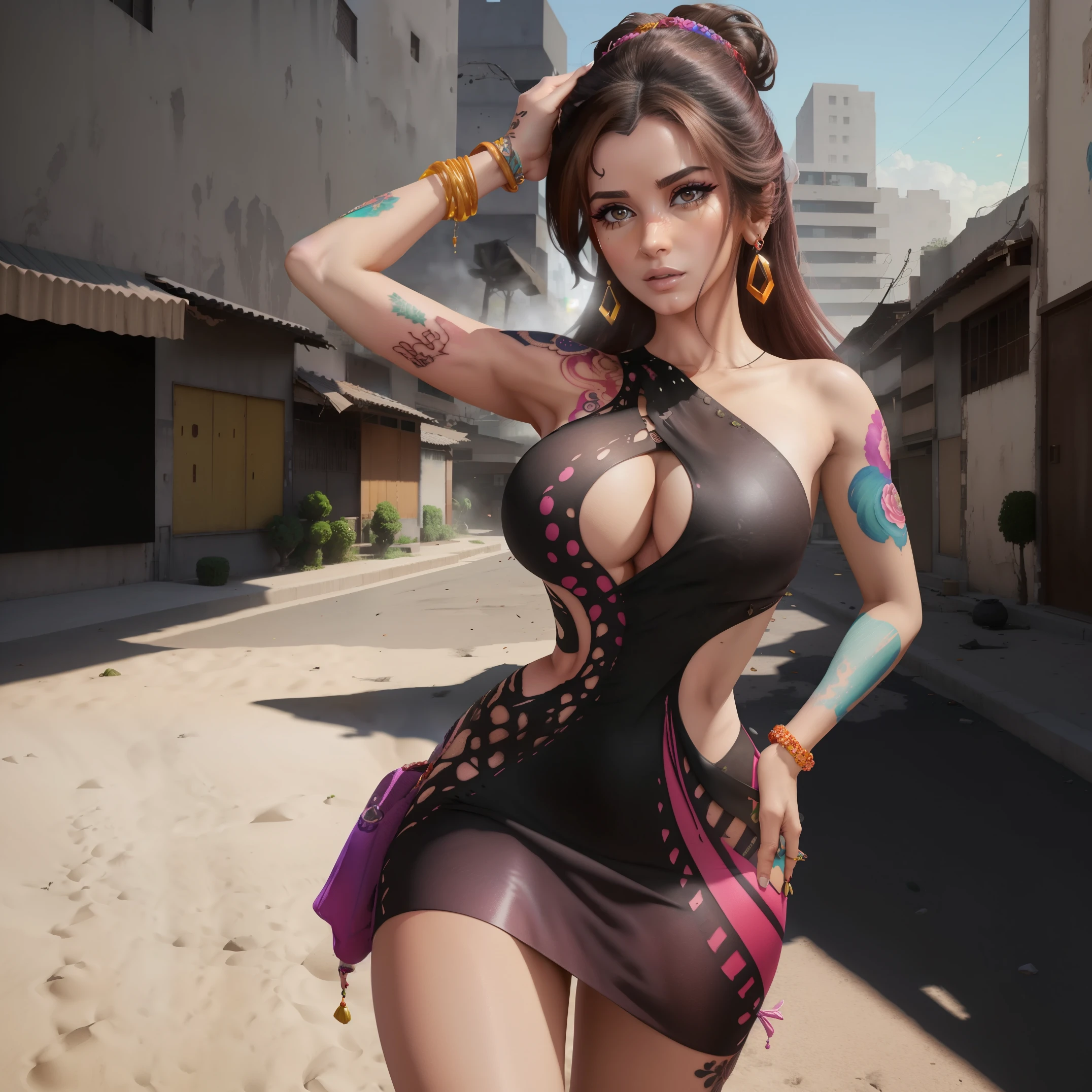 Linda mulher loira sexy, Muito detalhado, 4k, 8k, Full HD, posing like in an action movie, background explosions, vestido muito sexy, cabelos longos multicoloridos, corpo tatuado, Tatuagens, aros, seio medios, SFW, peito tatuado,