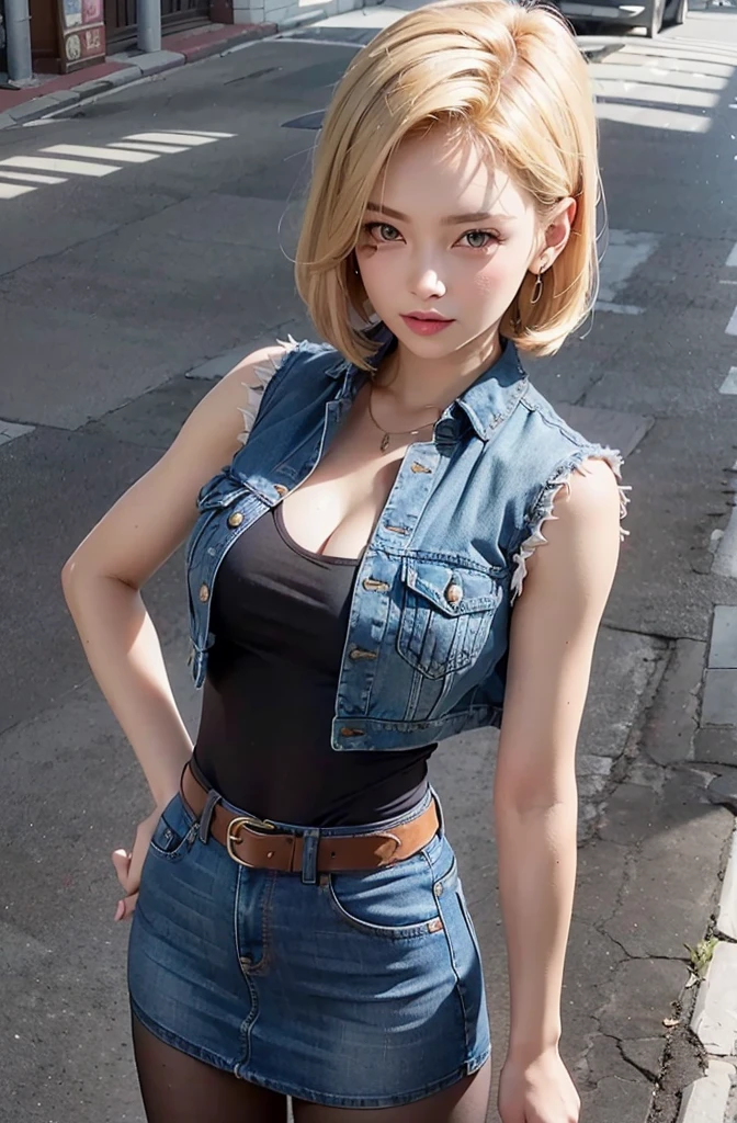 (masutepiece: 1.4, Best Quality), (Intricate details), Unity 8k壁纸, super detailed, Beautiful and beautiful, Perfect Lighting, (1 girl), (Blonde hair, Black eyes, Big breasts), Dynamic Pose, Dynamic Angle, lip stick, Big breasts, Detailed background, Realistic, Solo, Perfect detailed face, Detailed eyes, Highly detailed, blush, Hair Accessories, Smile, (Denim Vest, No Underwear, open vest, exposed internal breasts: 1.5), Exposed navel, (super short denim skirt: 1.5), thin waist, Big ass, Standing, Femininity, Knees