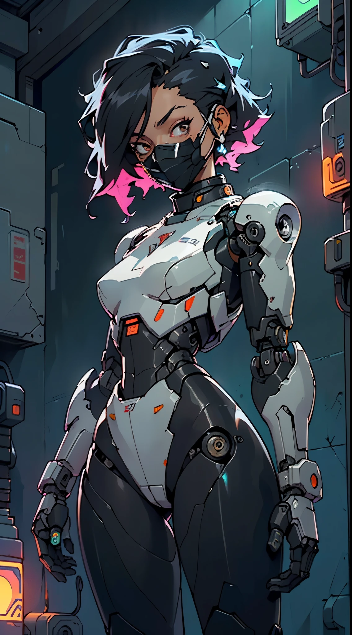 (((girl robot))),assaultron, itrobo2022, 1girl,robot,humanoid robot,robot joints,joints,black robot helmet,black armor,head-mounted display,humanoid robot,white robot joints,one-eyed,white joints,no humans,((black armor)),wide hips,curvy,mechanical arms,crotch plate,science fiction,post-apocalypse,outside,large breasts:1.4,(very long legs:1.4),
reelmech,cyborg girl,(cyborg girl:1.5),android,((mechanical robot girl)),
(((doll))),((((black skin,doll joints:1.5,mechanical hands:1.5,black armored dress,tesla coils,mechanical doll:1.5,Body of a machine,black metallic skin,ball joint,cyborg:1.5,robotic parts,robot)))),(Mechanical joints: 1.4,Mechanical limbs),mecha armor suit, full face armor, full body armor,
lot of rgb,(spider lower abdomen),
(nsfw),
motorcycle black helmet,(wearing head-mounted display that is chunky and hi-tech with neon lights:1.2),corporate logos,complete black helmet,no face,black body,black skin,black robotic body,((((technological face mask,Cybernetic_Jawless, black mask)))),
(dynamic pose:1.0),solo focus,embarrassed,(centered,scale to fit dimensions,Rule of thirds),
cyberpunk city by the ocean at night, with bright neon signs and dark stormy clouds and puddles, scenery:1.25,nighttime, starry night, cosmos,Very dark night that makes the neon lights stand out, very bright neon lights,nighttime, starry night, cosmos,
highres, sharp focus, (ultra detailed, extremely detailed), (photorealistic artwork:1.37),(extremely detailed CG unity 8k wallpaper),((synthwave background theme)),(((vibrant colors))),(intricate background),(masterpiece),(best quality),