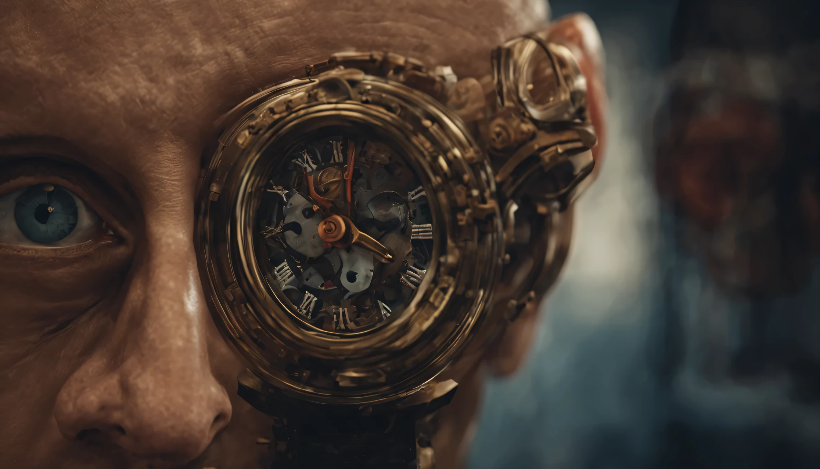 a person with a watch on his face, Directed by: Artur Tarnowski, Vencedor do Concurso Zbrush Central, arte conceitual, Horror em Mar Profundo, olhos androides, time consumes us all, C 4 D