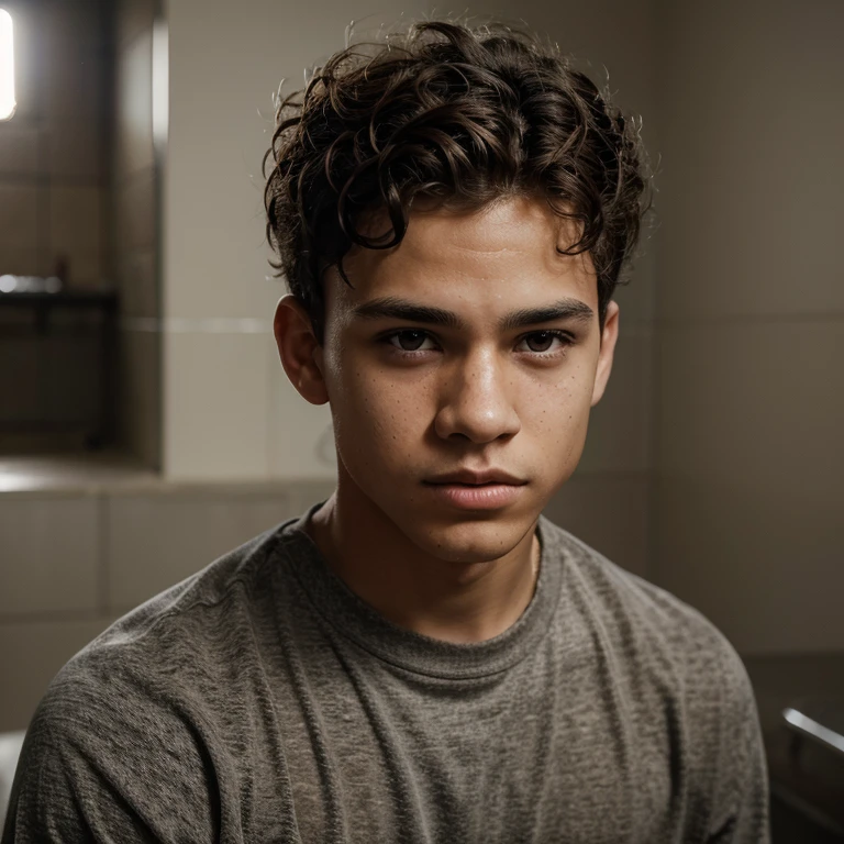Mulatto ager guy with curly light brown and dark brown hair and only has curly hair on top of his head, has green and brown eyes, looks more white the black, has freckles, has a sharp jawline, has a square ish head, has hard eyes, has very short hair on sides of his head, looks menacing, warm dramatic lighting, warm light shining through his hair, looks 75% white and 15% black, good looking teen guy