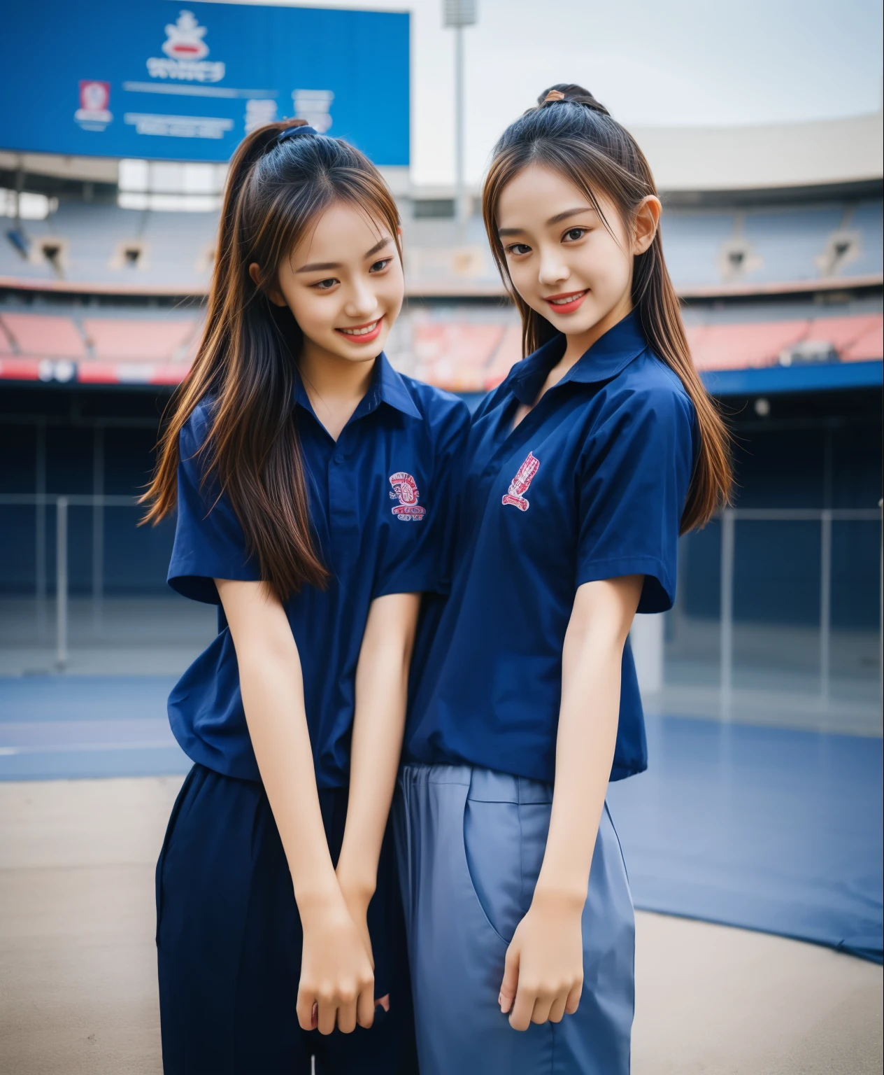(bestquality,10,10,highres,masterpiece:1.2),ultra-detail,(Realistic,ภาพRealistic,photo-realistic:1.37),1 Cute girl in the football field,oily shiny skin,bara,light smile,BDclothelue shirt:1.3)),short sleeves,shirt, trousers.,(navy_long_ติดตามtrousers:1.1), ((Stadium Background:1.3)),dynamic angle,excited,face focus,Dynamic Poses,from behide,Ass Focus,masterpiece, bestquality, ultra realistic, hyper-detail, 8k resolution, RAW photo, crisp focus, ((Navy blue shirt:1.1)), short sleeves, เส้นทางlong, Complete bodyแบบ, 2 mature women, 18yo, cinematic light,trousersวอร์มสีน้ําเงิน,Gymware,Correct anatomy,Complete body, Correct body, sharp face, Correct bodyทางกายวิภาค, full entire body, Realistic gestures, long-haired, Realistic poses,Wear long shorts..............................................,ช่วงขาlong,Shapely,Sculpting Girl, Slender Figure, mannequin mannequins, Shapely, Beautiful body,trousersวอร์มสีน้ําเงิน, Two girls kissing