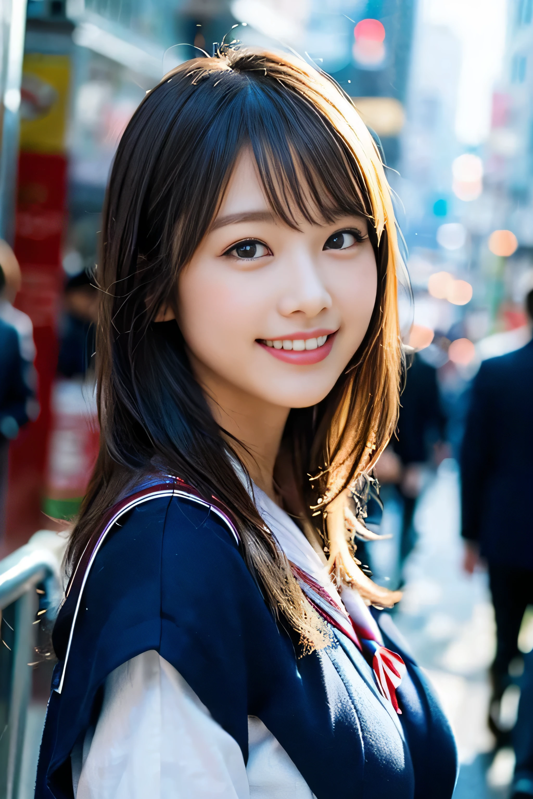 (8K、Raw photography、top-quality、masterpiece:1.2)、(realisitic、Photorealsitic:1.37)、ultra-detailliert、超A high resolution、女の子1人、see the beholder、beautifull detailed face、A smile、Constriction、(Slim waist) :1.3)、Beautiful detailed skin、Skin Texture、Floating hair、Professional Lighting、Whole human body、Longhaire、a blond、japanese hight school uniform、a sailor suit、Bob Hair、Happy smile、sixteen years old、Red ribbons、a baby face、Childish smile、Suppin、Moisturizing lips、Winters、TOKYOcty、Shibuya in the background、E Cup Breast、snowflakes falling