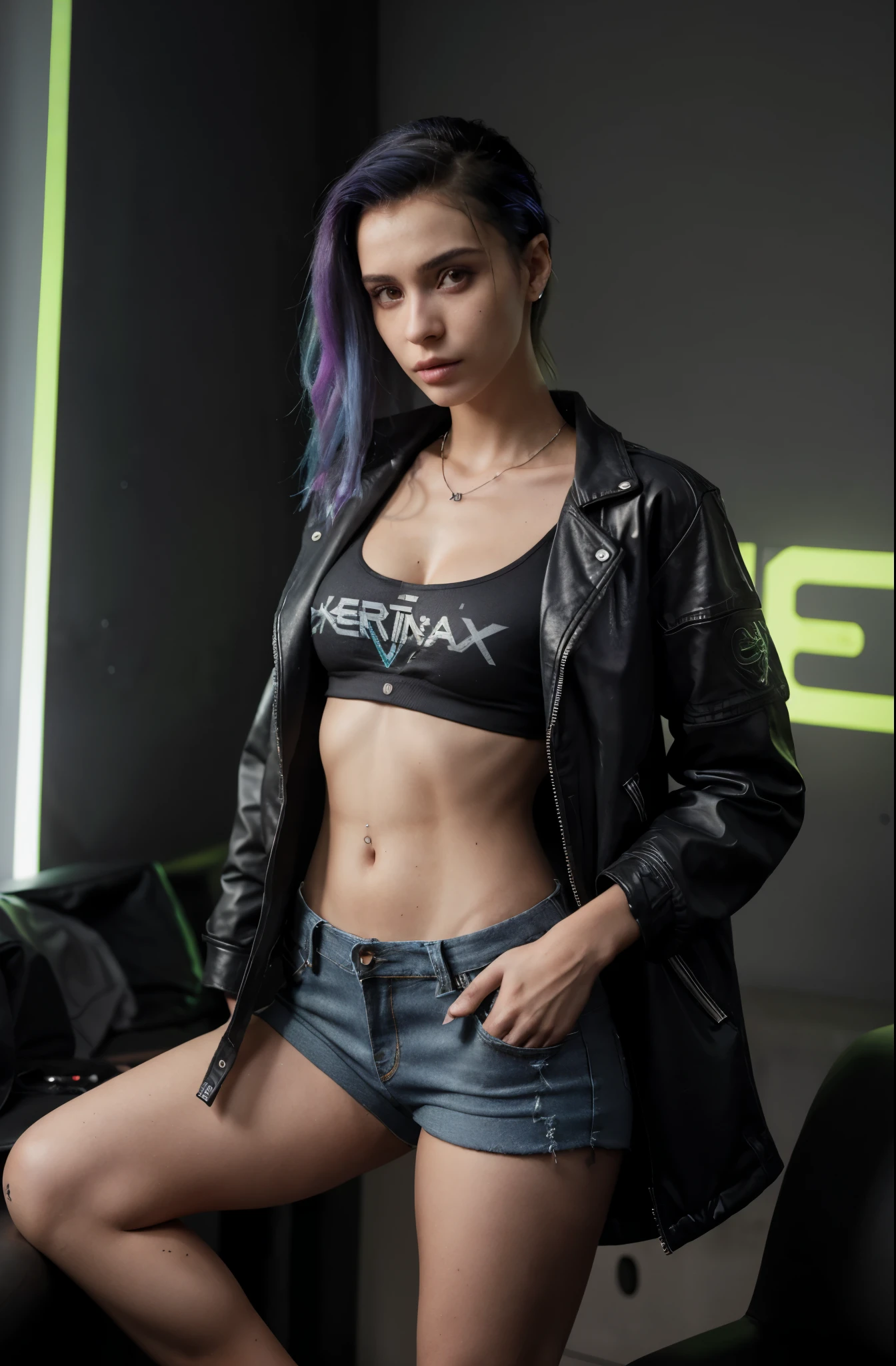 mulher loira com jaqueta de couro preta e shorts jeans posando para uma foto, Cyberpunk 2 0 e. o modelo menina, foto de modelo de menina slim, modelo bonito da mulher cyberpunk, Fantasia sombria cyberpunk sedutora, modelo com corpo atraente, menina de anime cyberpunk feminino, olhar sexy, sutiã e shorts streetwear, Camisa de corte e abdominais fortes, roupa estilo cyberpunk, estilo sexy, modelo de moda ciborgue