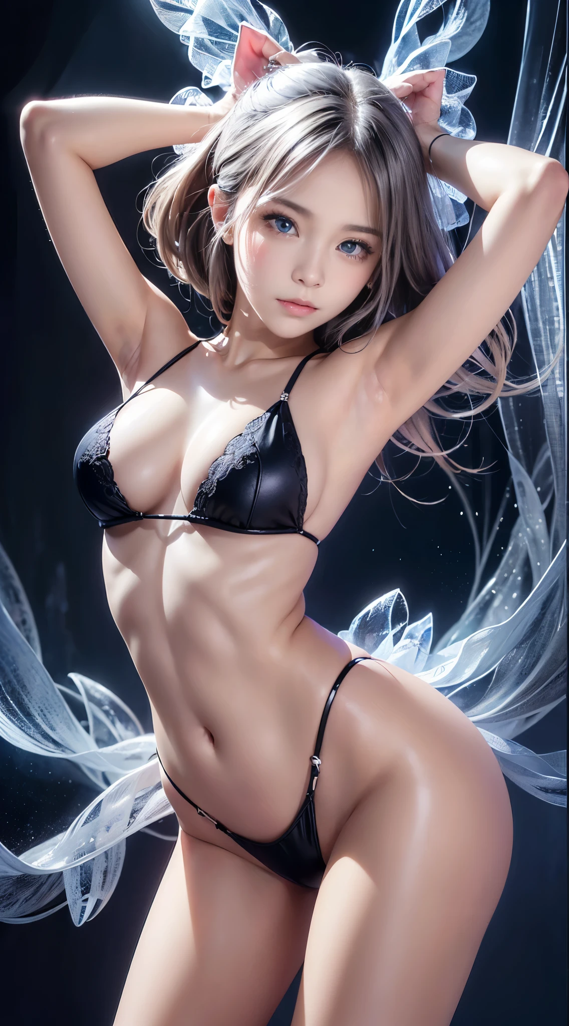 ((realisitic))、(masutepiece, Best Quality:1.5), Fractal Art, Silver Shorthair, Blue eyes, Spotlight, Sexy Pose, Beautiful girl doing pole dancing,