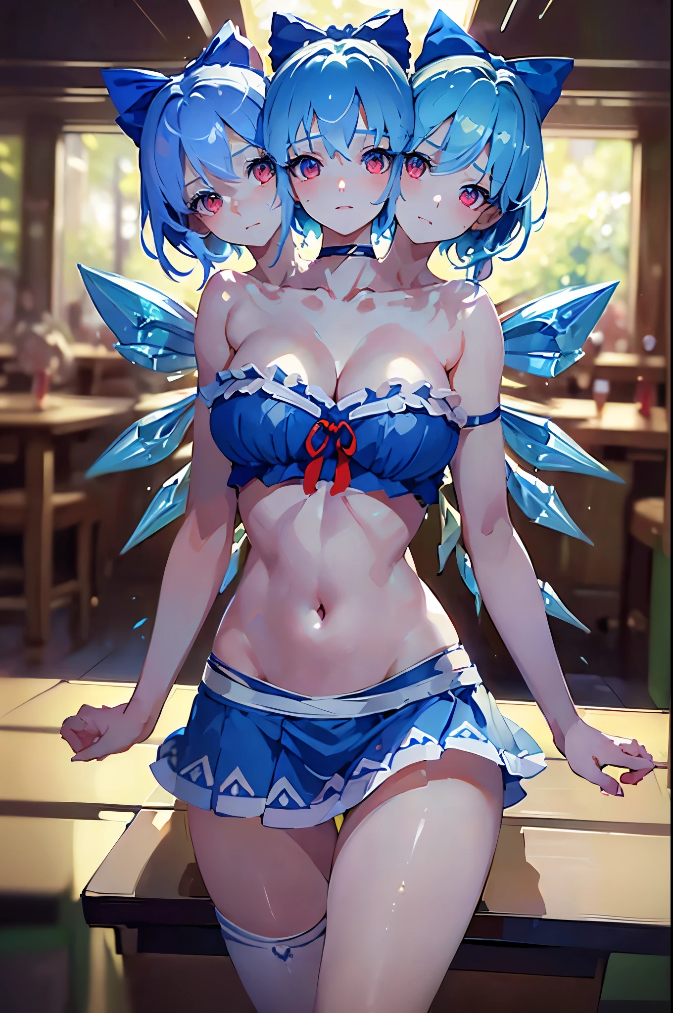 (masterpiece, best quality),best quality, (ultra-detailed), (3heads:1.5), 1girl, (cirno:1.3), masterpiece, best quality, ultra quality, ultra resolution, ultra detail, light blue top, crop top, ((stomach)), midriff, ((groin)), blue skirt, normal ears, shackles, light blue hair, very long hair, wavy hair, sidelocks, red eyes, parted lips, very detailed eyes, sweat, cute, toned belly, hand on own chest, eyelashes, (23 year old woman:1.3), (masterpiece:1.5), (best quality:1.5), (beautiful detailed), extremely detailed CG, extremely delicate and beautiful, depth of field, (finely detailed face), (perfect details:1.2), (mature female:1.3), wide pelvis, slender, large veiny breast, 16k resolution, highres, very high quality, very high definition, extremely detailed, masterpiece, blue hair, long hair, alluring presence, braid, short skirt, close up, big tits, young, ice wings, blue bow,