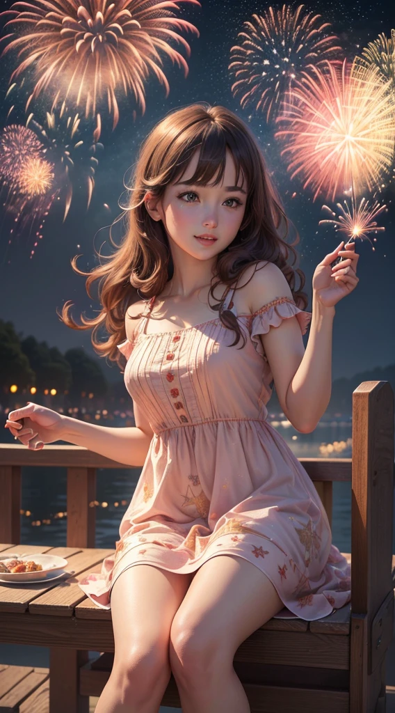 new year 2024,(fireworks in the night sky),(best quality,4k,highres,masterpiece:1.2),ultra-detailed,(realistic,photorealistic,photo-realistic:1.37),one-girl,Spring dress,having fun,red tint,Gold thread decoration:1.1,Spring,