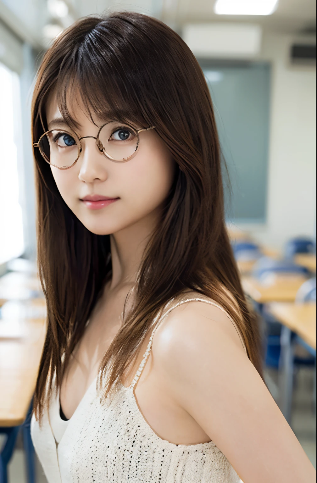 (8K、Raw photography、top-quality、tmasterpiece:1.2)、(hentail realism、Round glasses、Metal Frame Glasses、Big breasts、Photorealsitic:1.37)、ultra - detailed、超A high resolution、1 rapariga、see the beholder、beautifull detailed face、A smile、zoomed out、(Slim waist) :1.3)、White summer clothes and beautiful, smooth skin、Skin Texture、Floating hair、Braided hair、Professional Lighting、In the classroom、((black square glacier body zbian、Brown hair