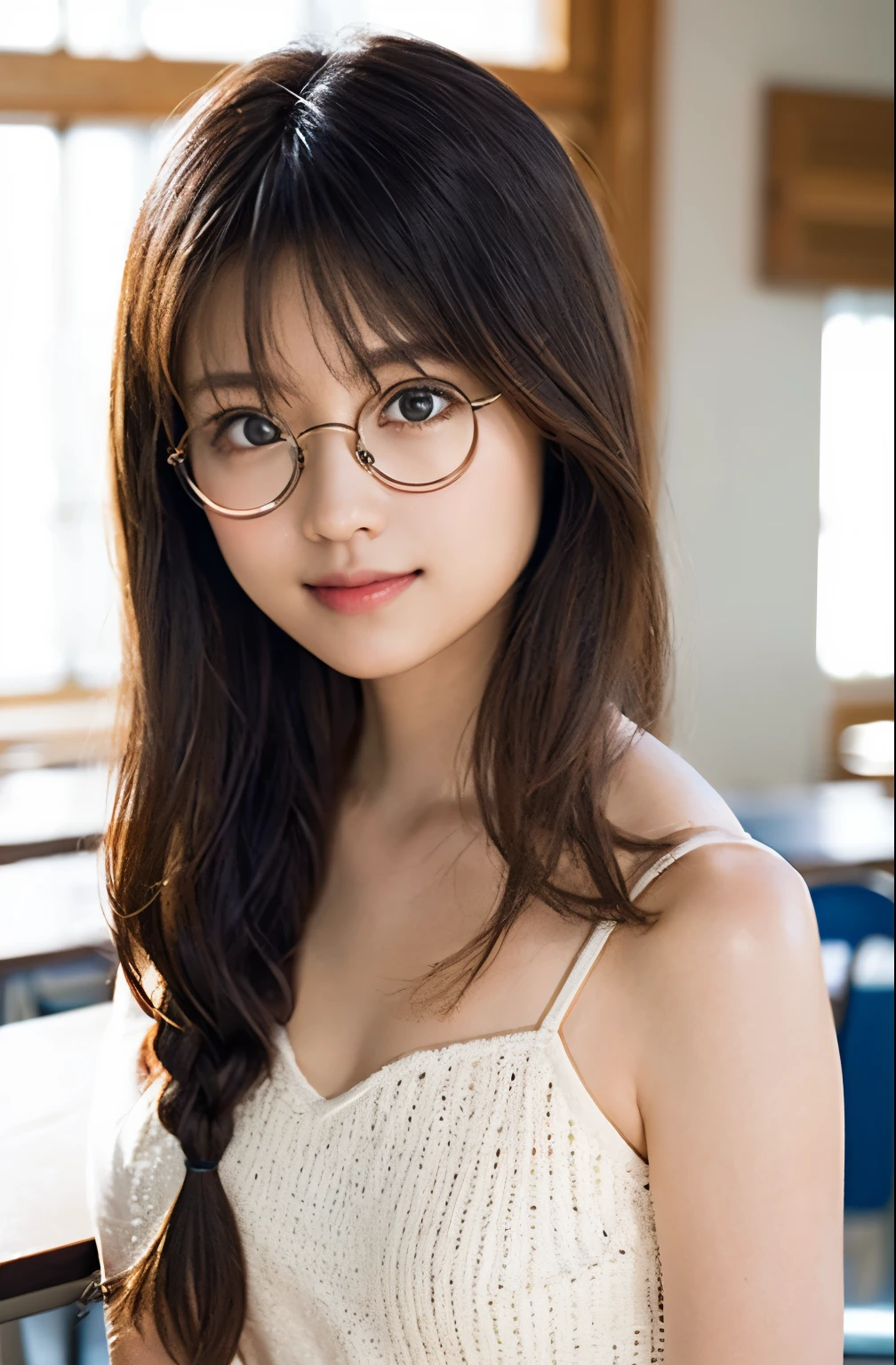 (8K、Raw photography、top-quality、tmasterpiece:1.2)、(hentail realism、Round glasses、Metal frame Grasaig chest、Photorealsitic:1.37)、ultra - detailed、超A high resolution、1 rapariga、Braids、see the beholder、beautifull detailed face、A smile、zoomed out、(Slim waist) :1.3)、beautiful in white summer clothes, 、Skin Texture、Floating hair、Braided hair、Professional Lighting、In the classroom、((black square glacier body zbian、Brown hair