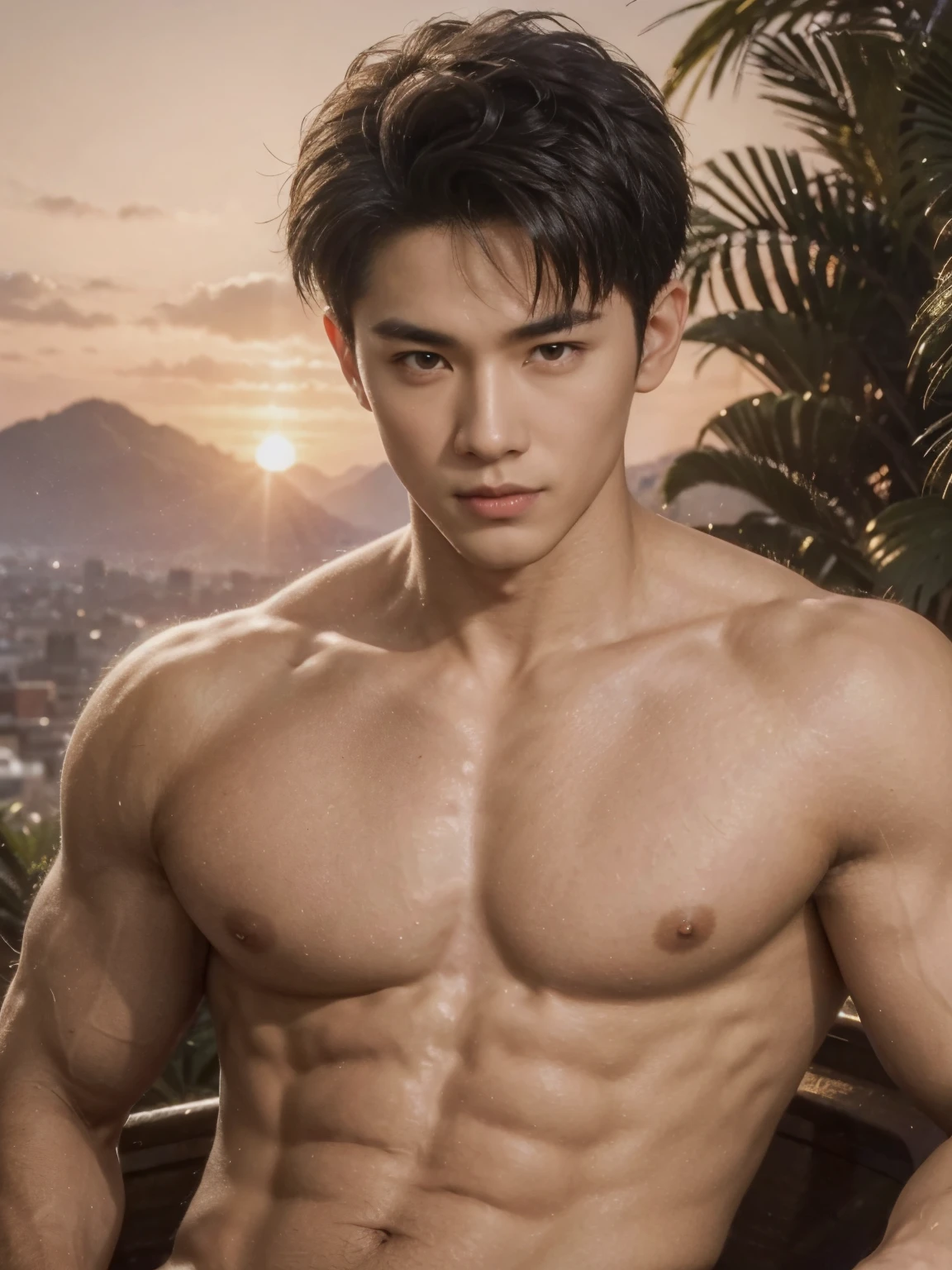 masterpiece, best quality, high quality, intricate details, perfect lightings, 1boy, solo, male focus, looking at viewer, a young handsome muscular vietnamese boy, male model, flexing, mischievous, naughty, detailed eyes, detailed face, smooth hair, realistic skin, perfect hands, sexy thong, outdoors, sunset, beautiful scenery