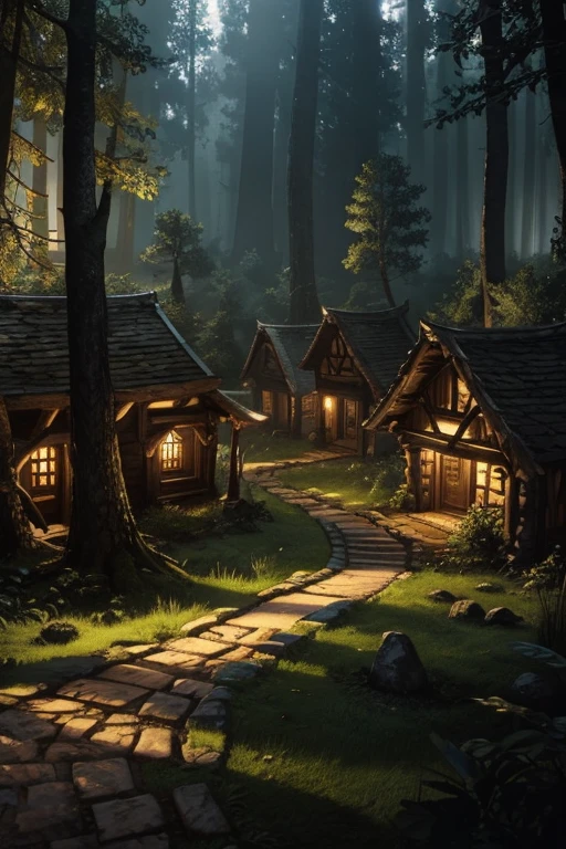 Tabletop rpg map, of a village surrounded by a dense and mysterious forest, with high quality, incredible details and engaging atmosphere. Add dramatic lighting elements and shadows to increase the immersion of the scene. The path leads to a village