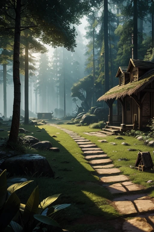 Tabletop rpg map, of a village surrounded by a dense and mysterious forest, with high quality, incredible details and engaging atmosphere. Add dramatic lighting elements and shadows to increase the immersion of the scene. The path leads to a village