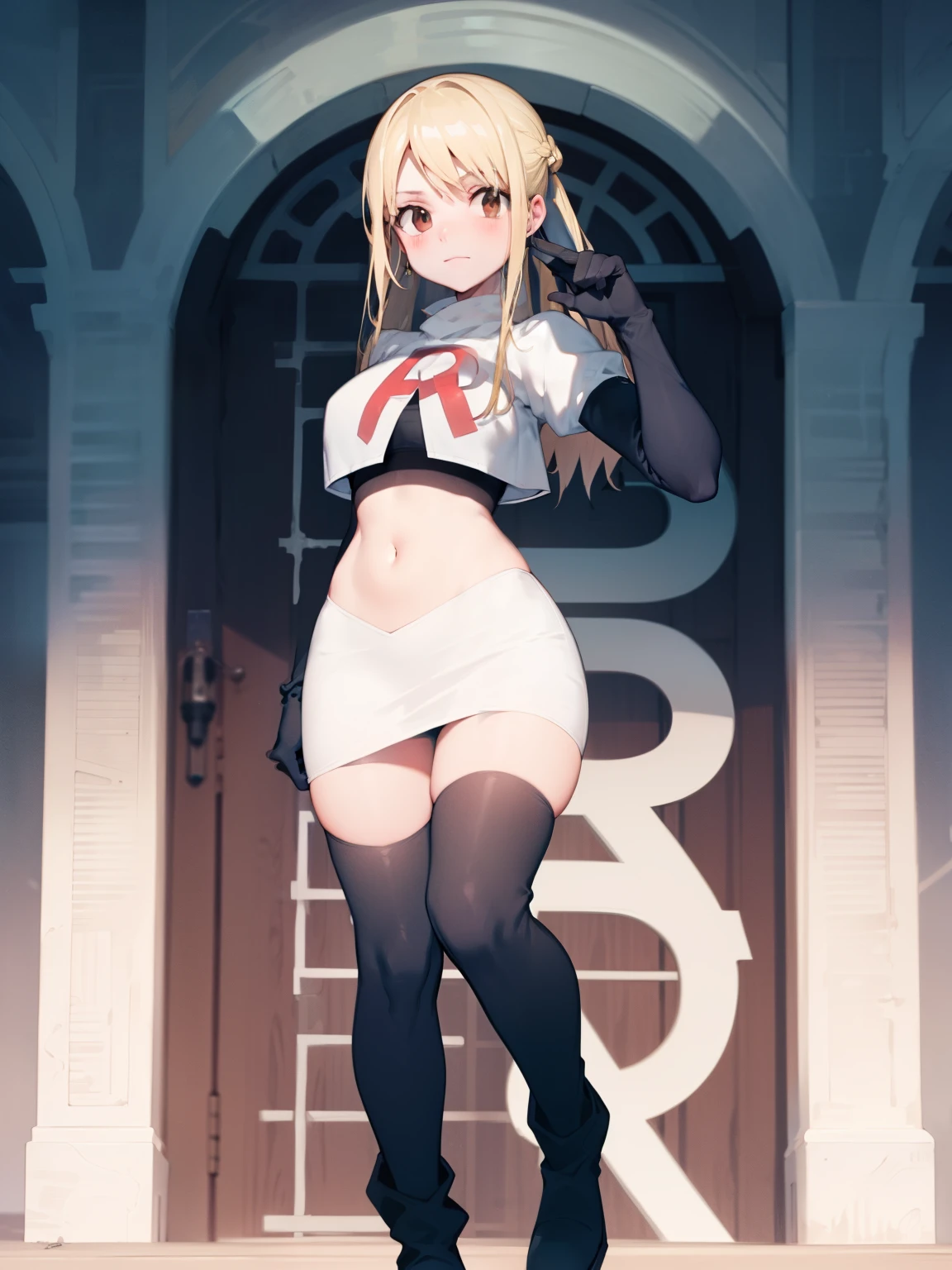 Lucy_Heartfilia, long hair,blonde hair, brown eyes, ,team rocket uniform, red letter R, white skirt,white crop top,black thigh-high boots, black elbow gloves, looking at viewer, cowboy shot