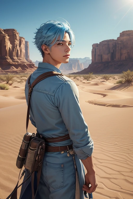 Beautifully drawn, high quality, ultra-detailed CG illustration of a young man with a serene expression, gazing into the distance with his striking light blue hair gently waving in the desert breeze. The scenery behind him is vast and breathtaking, drawing the viewers into a world of wonder and exploration.