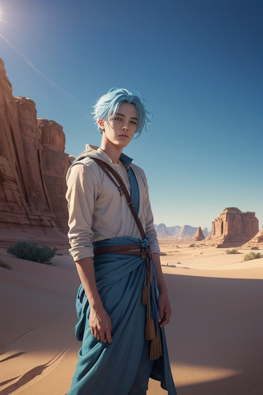 Beautifully drawn, high quality, ultra-detailed CG illustration of a young man with a serene expression, gazing into the distance with his striking light blue hair gently waving in the desert breeze. The scenery behind him is vast and breathtaking, drawing the viewers into a world of wonder and exploration.