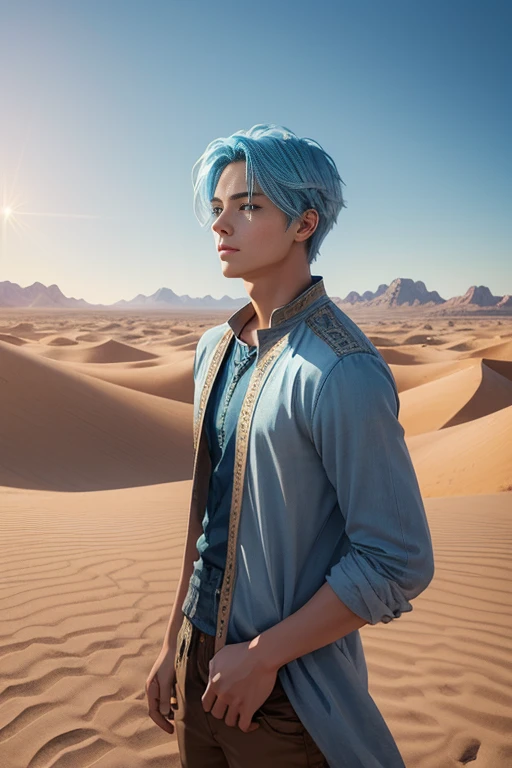 Beautifully drawn, high quality, ultra-detailed CG illustration of a young man with a serene expression, gazing into the distance with his striking light blue hair gently waving in the desert breeze. The scenery behind him is vast and breathtaking, drawing the viewers into a world of wonder and exploration.