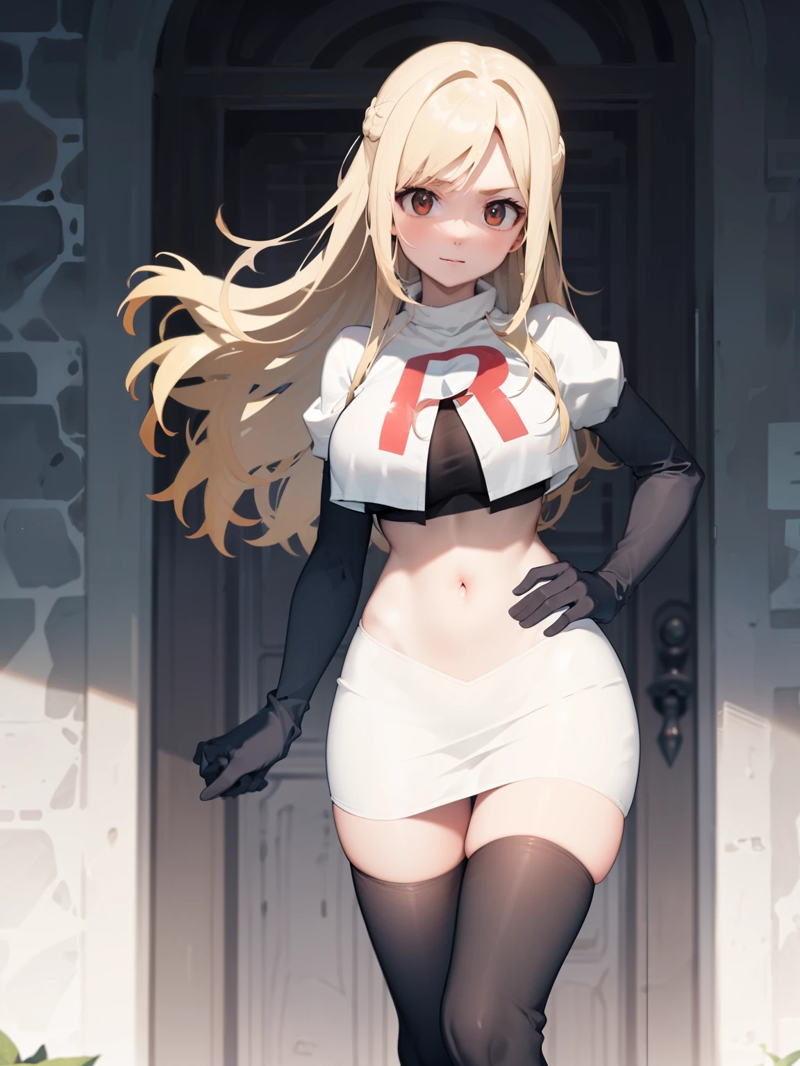 Lucy_Heartfilia, long hair,blonde hair, brown eyes, ,team rocket uniform, red letter R, white skirt,white crop top,black thigh-high boots, black elbow gloves, looking at viewer, cowboy shot