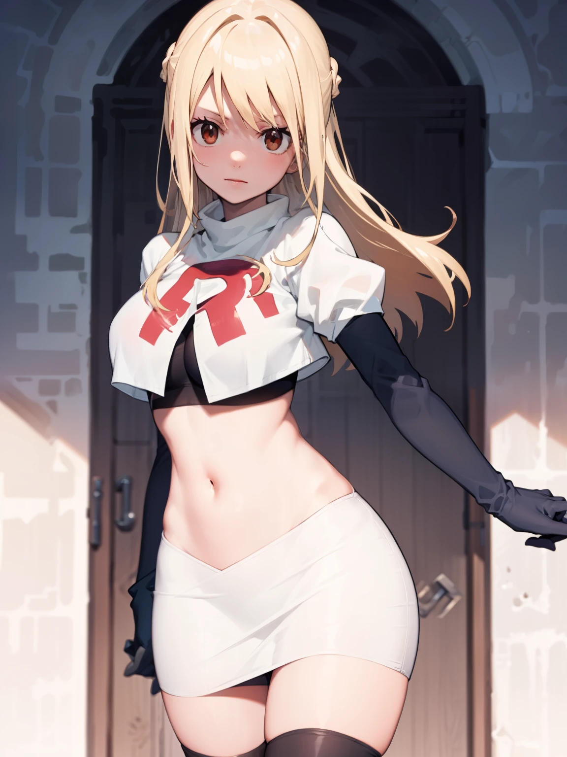 Lucy_Heartfilia, long hair,blonde hair, brown eyes, ,team rocket uniform, red letter R, white skirt,white crop top,black thigh-high boots, black elbow gloves, looking at viewer, cowboy shot