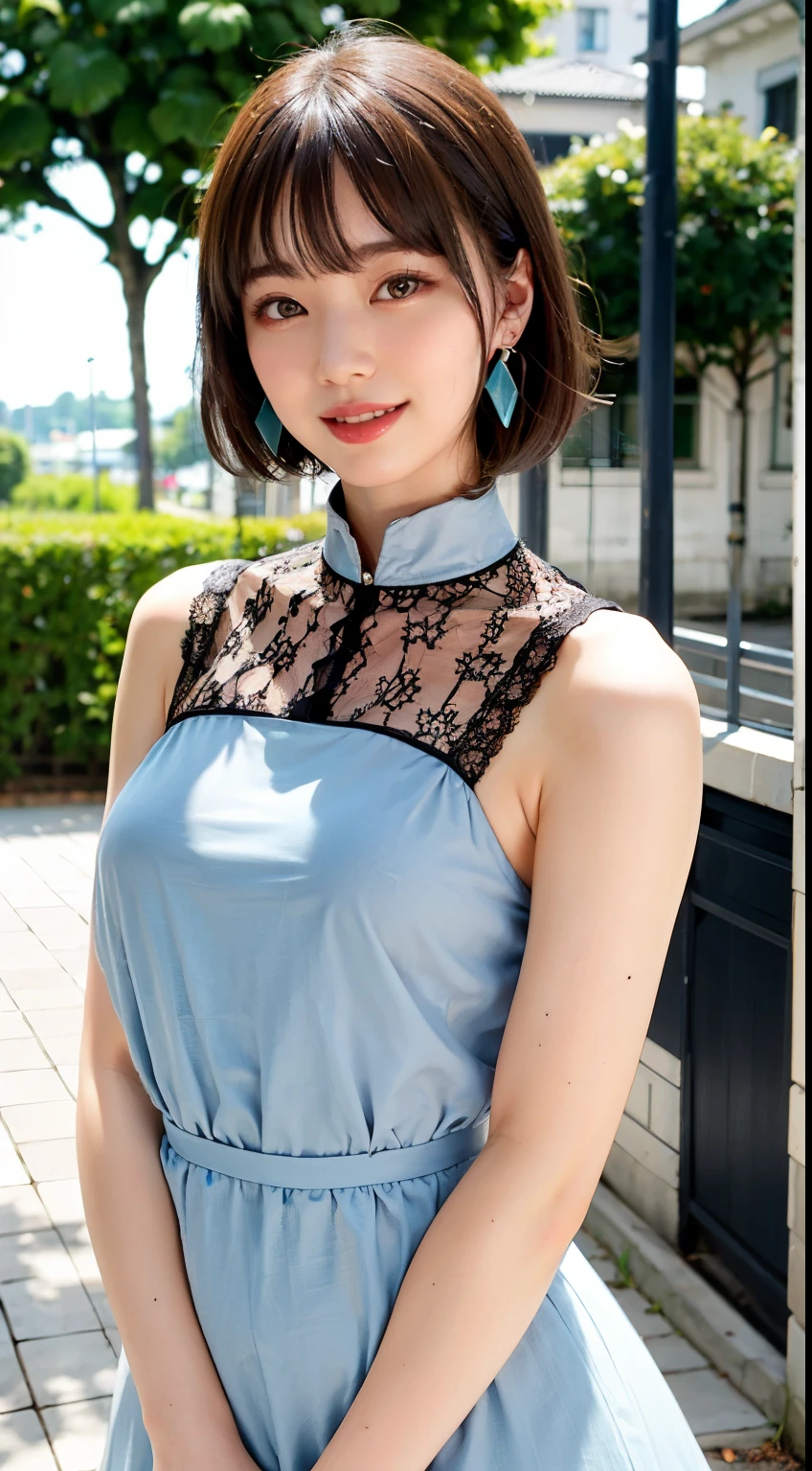 Woman posing on street corner wearing sheer lace dress, top quality, girl one, big breasts, sun, bright, blurred background, bokeh, outdoor, (street: 0.8), (people, crowd: 1), (cropped with lace) dress: 1.5, sleeveless dress, full body, light grey color clothes, light gray color high neck dress: 1.2, light gray color dress: 1.5), gorgeous ( Short hair, forehead: 1.2), sagging eyes, sky with beautiful details, earrings, (upper body: 0.8), soft lighting, wind, shiny skin, smile