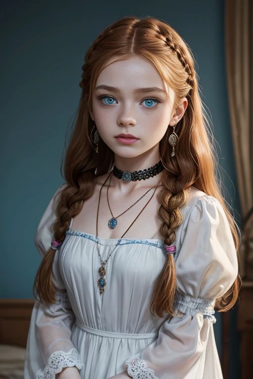 sadie sink, in la bete movie, by Walerian Borowczyk, erotic, 1girl, blue_eyes, blurry, blurry_background, braid, choker, depth_of_field, dress, earrings, eyelashes, freckles, hair_over_shoulder, jewelry, lips, long_hair, long_sleeves, looking_at_viewer, necklace, pendant, puffy_long_sleeves, puffy_sleeves, realistic, single_braid, solo, twin_braids, upper_body