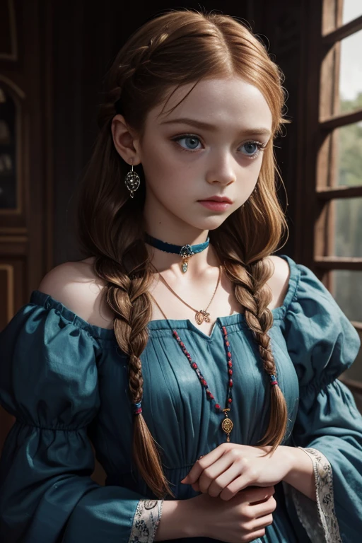 sadie sink, in la bete movie, by Walerian Borowczyk, erotic, 1girl, blue_eyes, blurry, blurry_background, braid, choker, depth_of_field, dress, earrings, eyelashes, freckles, hair_over_shoulder, jewelry, lips, long_hair, long_sleeves, looking_at_viewer, necklace, pendant, puffy_long_sleeves, puffy_sleeves, realistic, single_braid, solo, twin_braids, upper_body