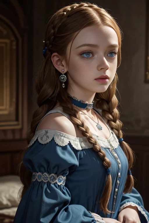 sadie sink, in la bete movie, by Walerian Borowczyk, erotic, 1girl, blue_eyes, blurry, blurry_background, braid, choker, depth_of_field, dress, earrings, eyelashes, freckles, hair_over_shoulder, jewelry, lips, long_hair, long_sleeves, looking_at_viewer, necklace, pendant, puffy_long_sleeves, puffy_sleeves, realistic, single_braid, solo, twin_braids, upper_body