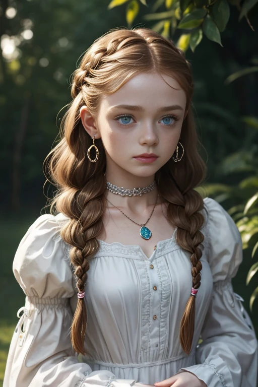 sadie sink, in la bete movie, by Walerian Borowczyk, erotic, 1girl, blue_eyes, blurry, blurry_background, braid, choker, depth_of_field, dress, earrings, eyelashes, freckles, hair_over_shoulder, jewelry, lips, long_hair, long_sleeves, looking_at_viewer, necklace, pendant, puffy_long_sleeves, puffy_sleeves, realistic, single_braid, solo, twin_braids, upper_body