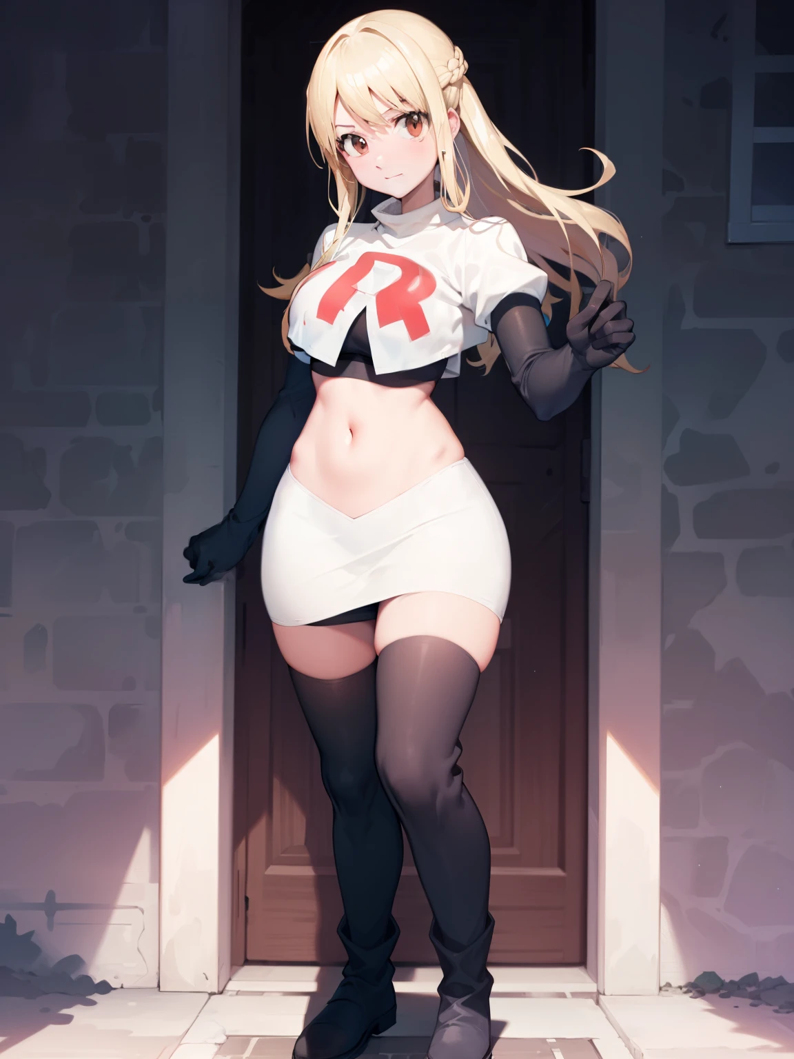 Lucy_Heartfilia, long hair,blonde hair, brown eyes, ,team rocket uniform, red letter R, white skirt,white crop top,black thigh-high boots, black elbow gloves, looking at viewer, cowboy shot